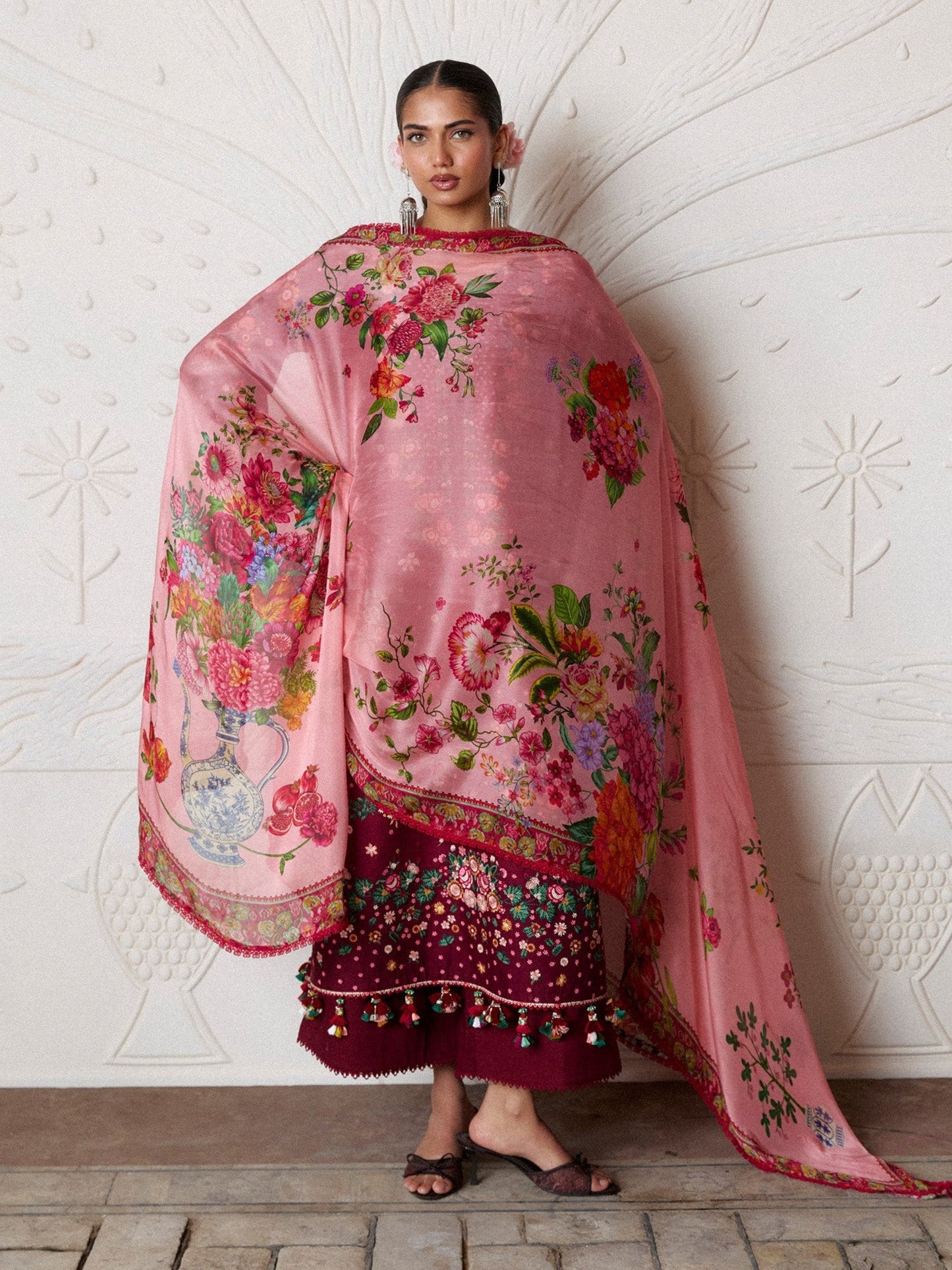 Maroon Hussain Rehar Zan SS'26 Lawn Embroidered Unstitched 3-Piece Suit-Kestane