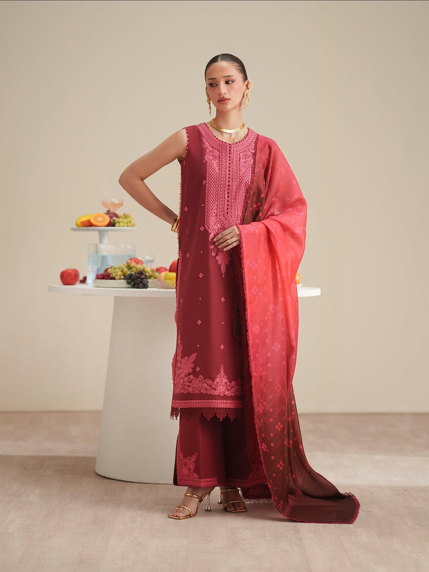 Maroon Binilyas Jojo Summer'26 Lawn Embroidered Unstitched 3-Piece Suit-763
