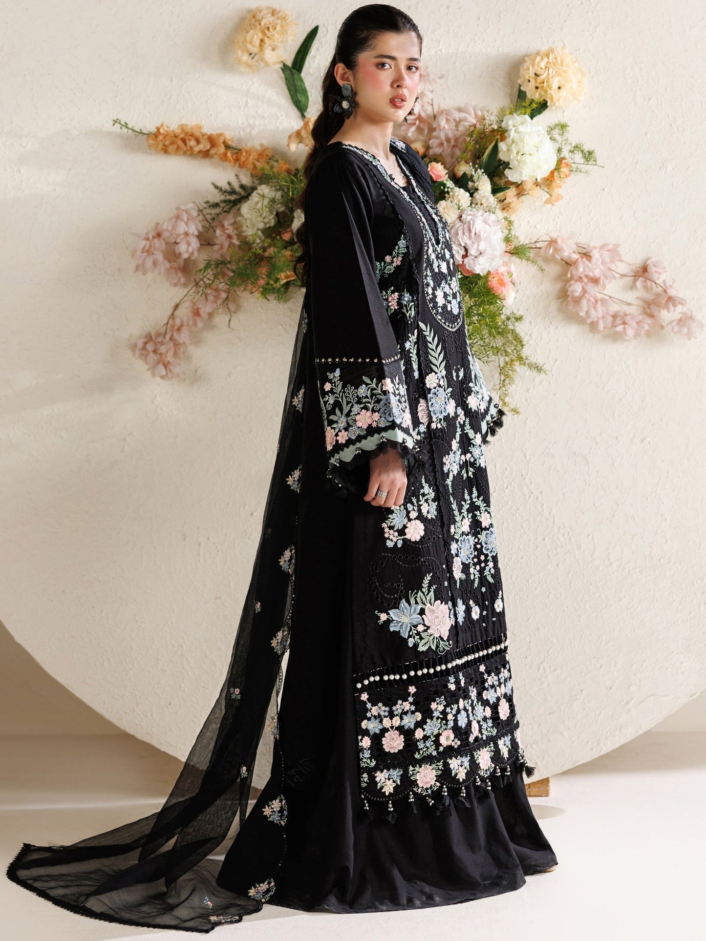 Black Parishay Marbella Summer Lawn‘26 Embroidered Unstitched 3-Piece Suit-MB-05