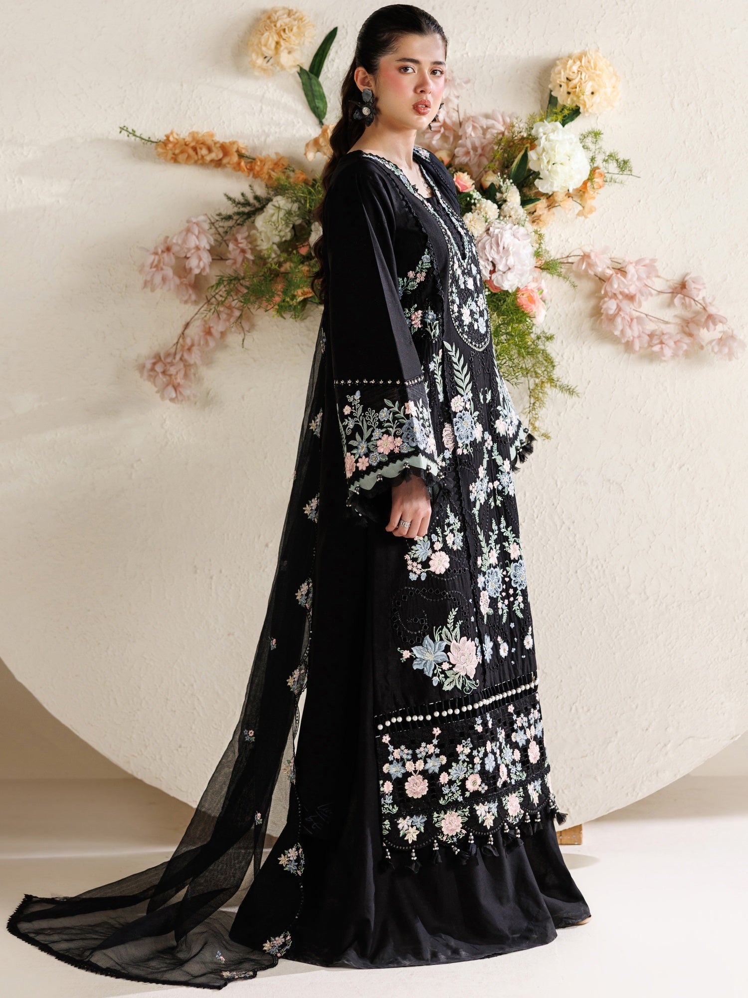 Black Parishay Marbella Summer Lawn‘26 Embroidered Unstitched 3-Piece Suit-MB-05