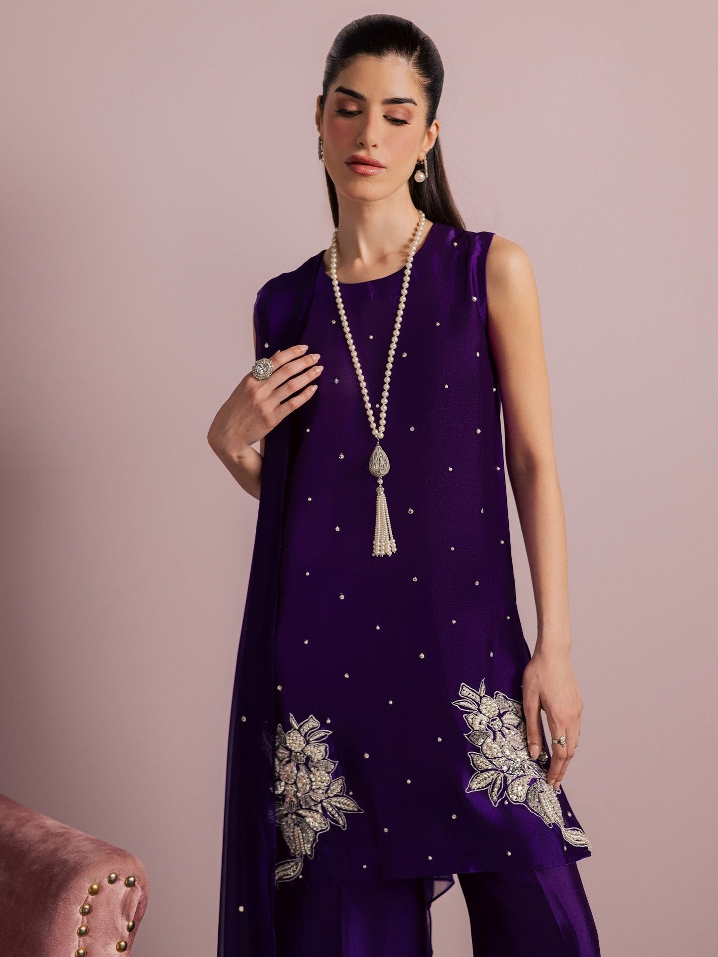 Purple Allure By IH Full Circle Tussel Silk Embellished Stitched 3-Piece Suit-Luxe