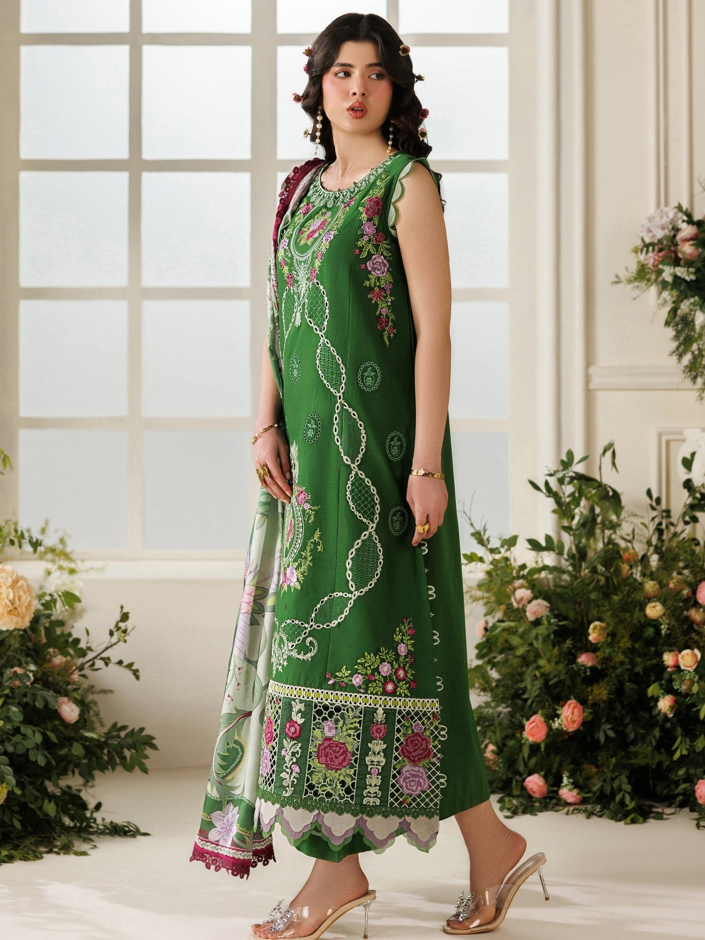 Green Parishay Marbella Summer Lawn‘26 Embroidered Unstitched 3-Piece Suit-MB-04