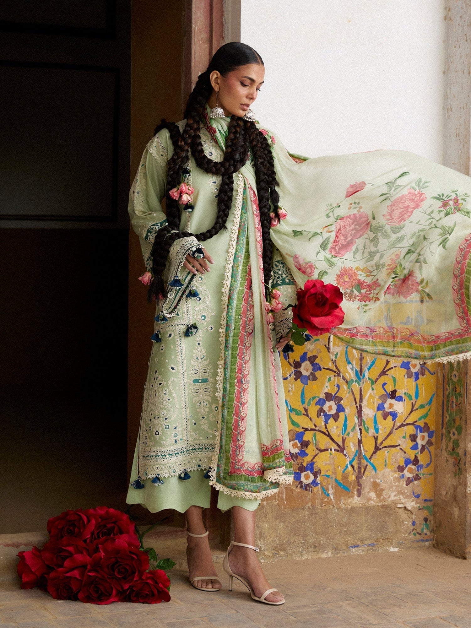 Mint Green Hussain Rehar Zan SS'26 Lawn Embroidered Unstitched 3-Piece Suit-Nane