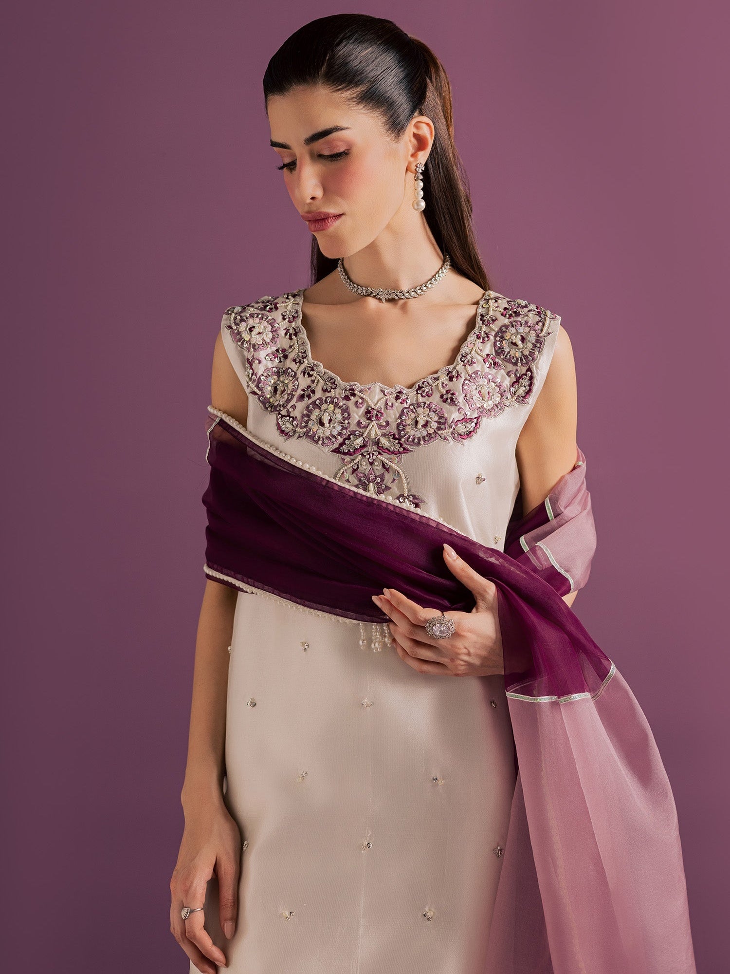 White Allure By IH Full Circle Tussel Silk Embellished Stitched 3-Piece Suit-Echo
