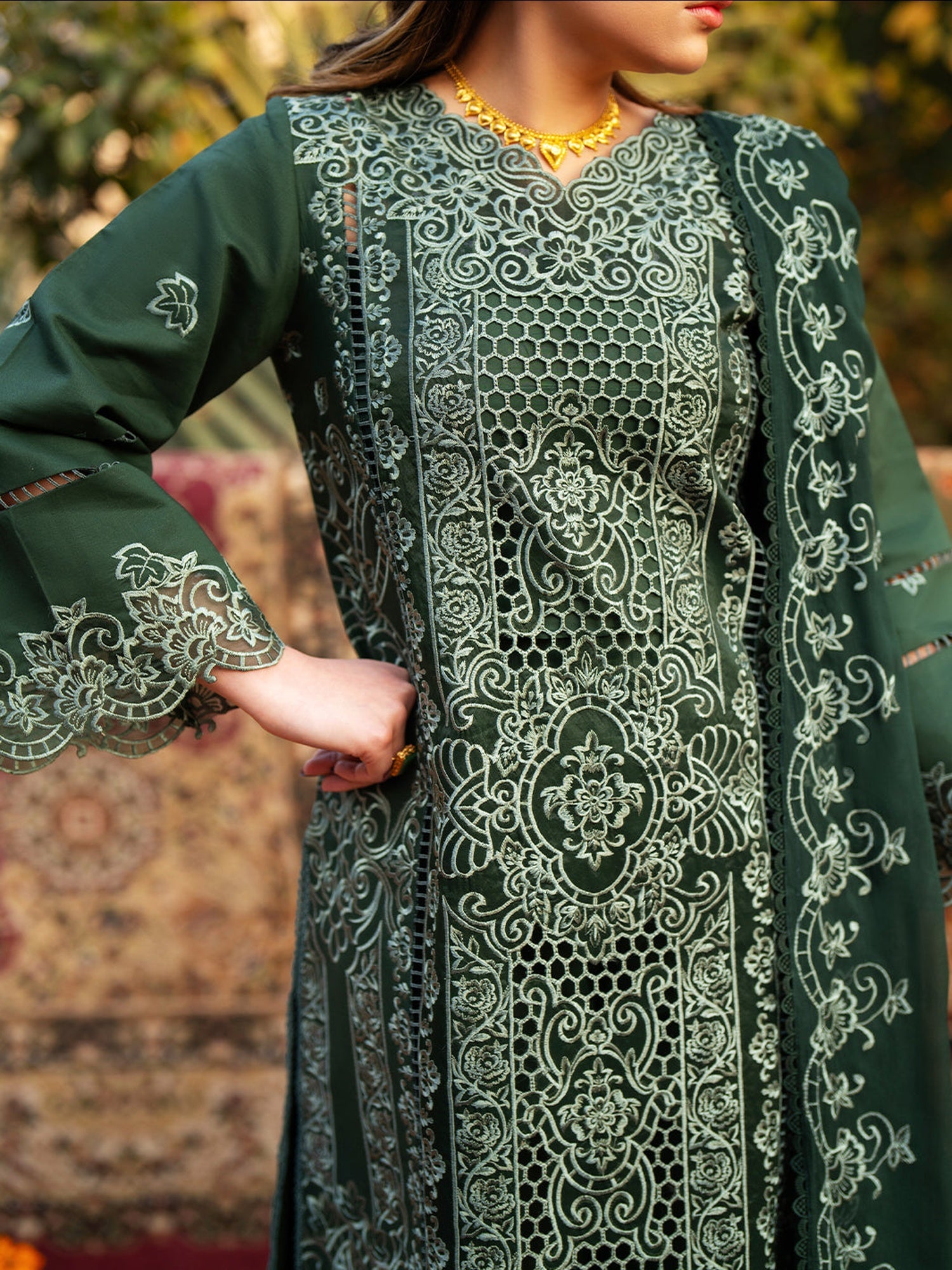 Green Mahnur Satrangi Lawn'26 Embroidered Stitched 3-Piece Suit-ST-08