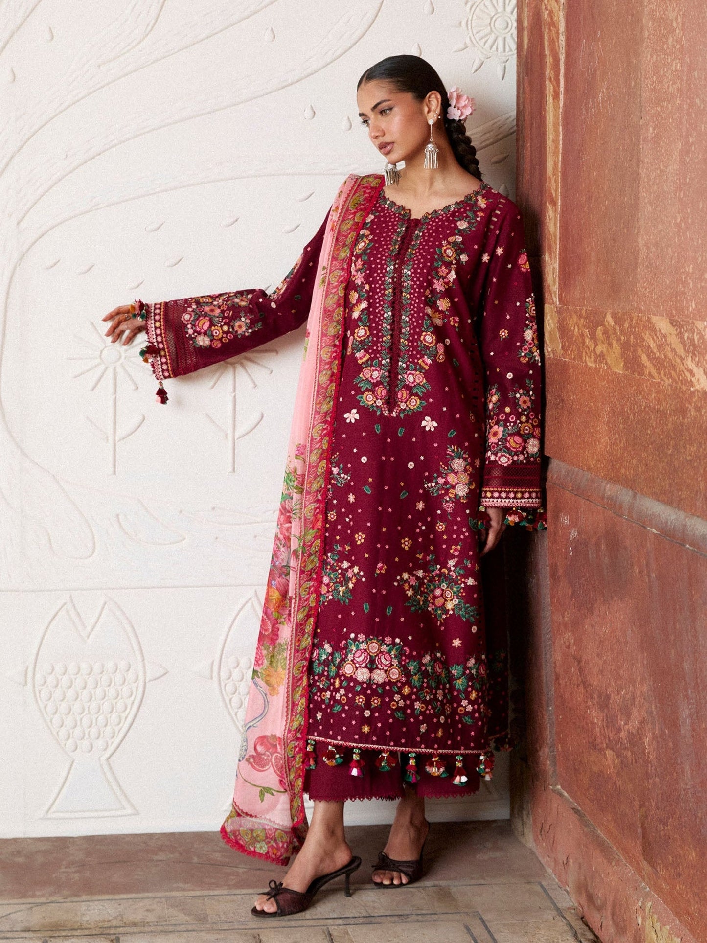 Maroon Hussain Rehar Zan SS'26 Lawn Embroidered Unstitched 3-Piece Suit-Kestane