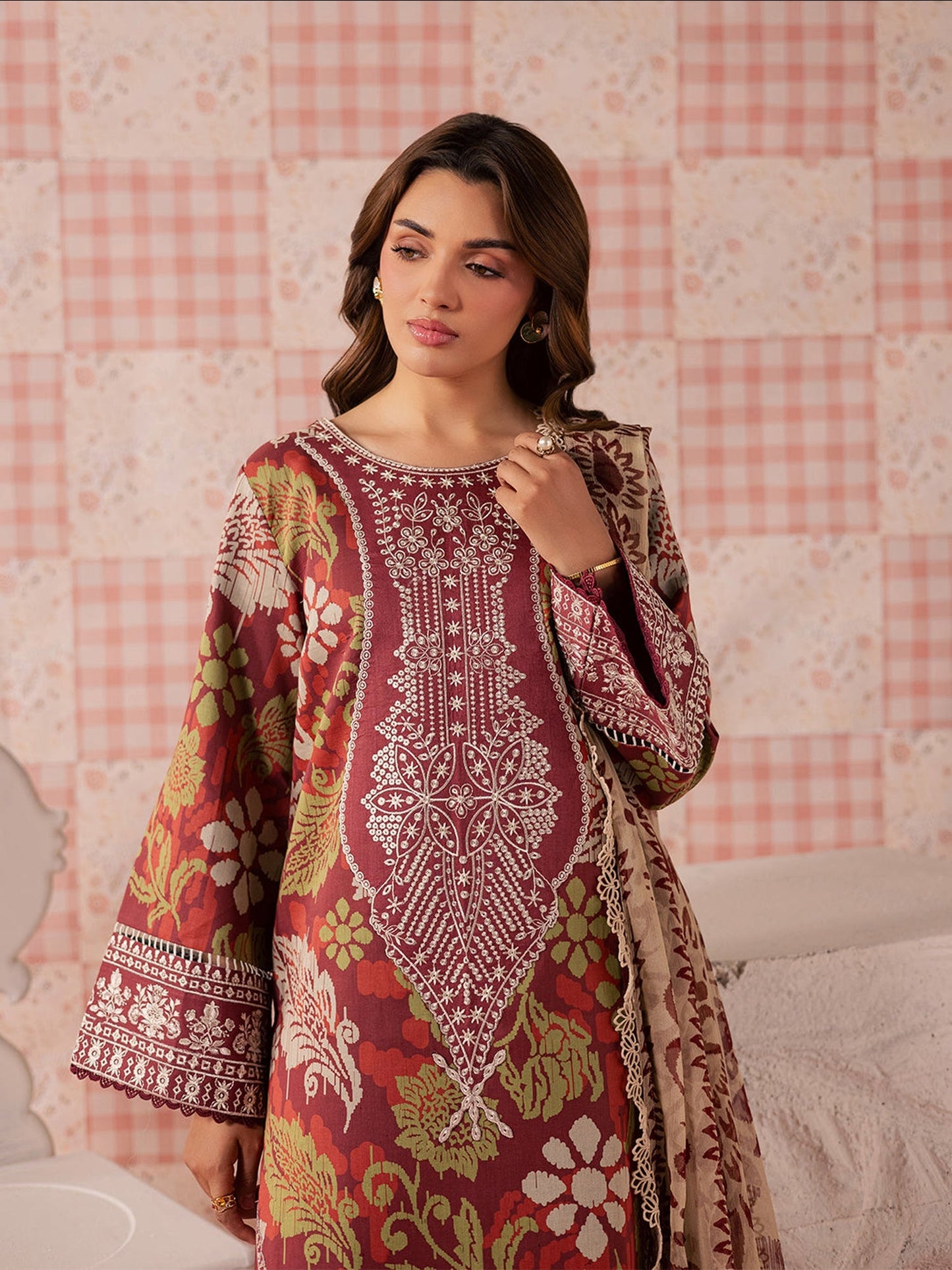 Maroon Mahnur Jahaan Lawn'26 Embroidered Unstitched 3-Piece Suit-MJ-05