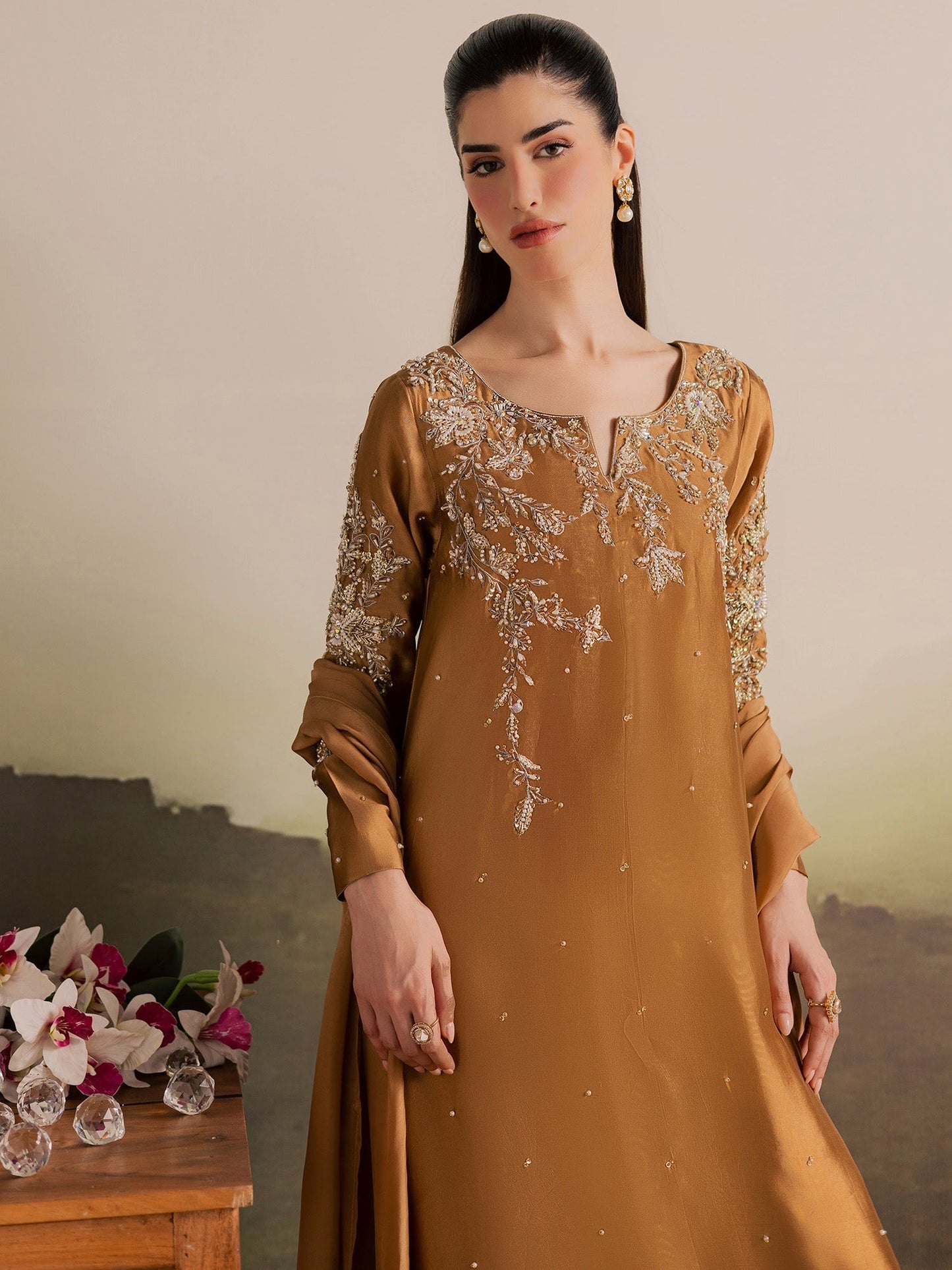 Brown Allure By IH Full Circle Tussel Silk Embroidered Kaftan Set-Gentle