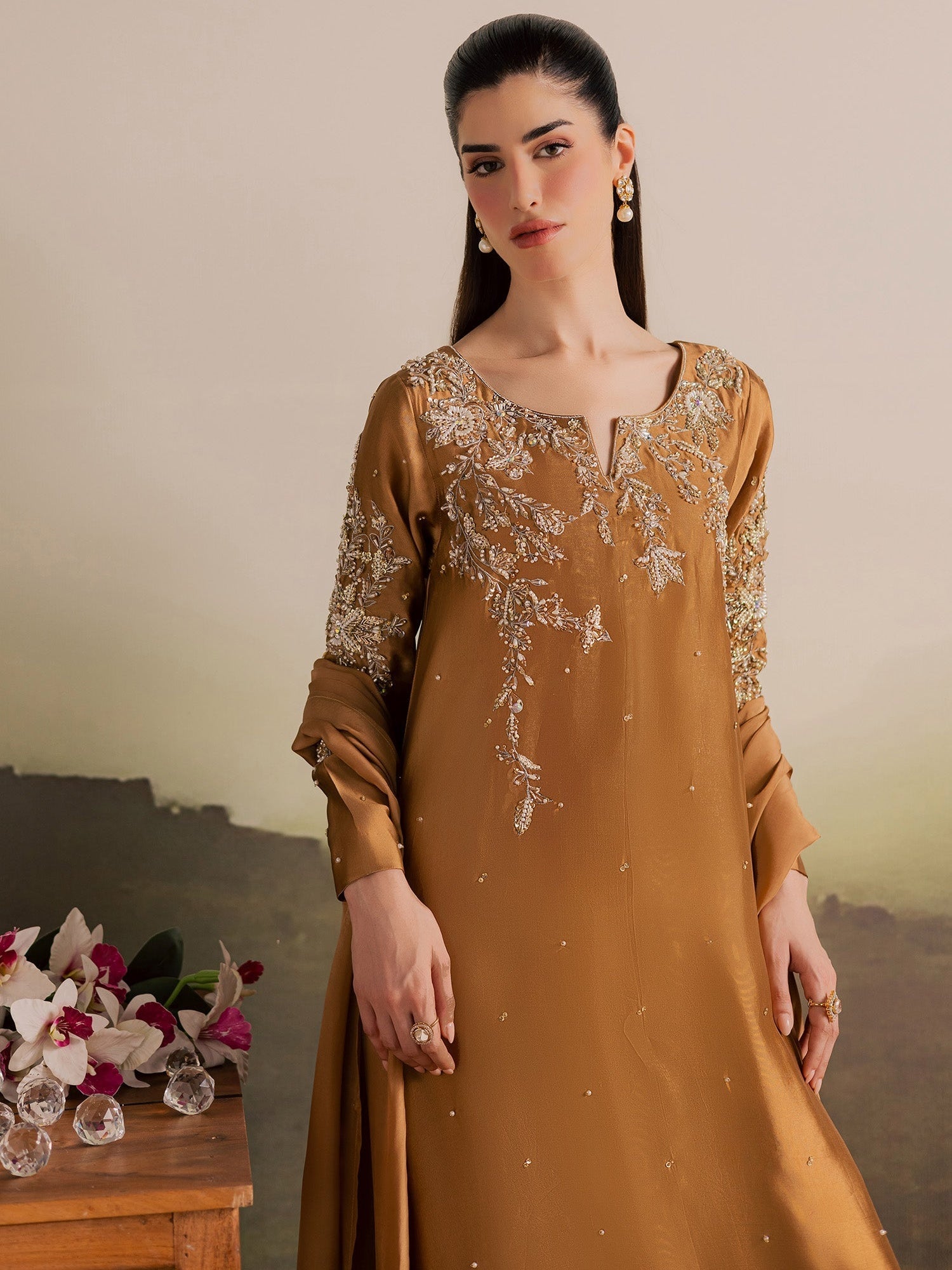 Brown Allure By IH Full Circle Tussel Silk Embroidered Kaftan Set-Gentle