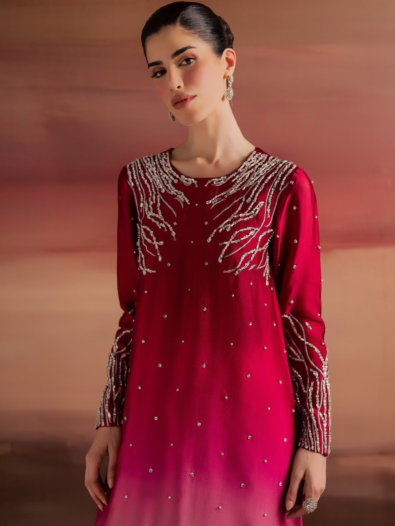 Pink Peach Allure By IH Full Circle Tussel Silk Embellished Stitched 3-Piece Suit-Balance
