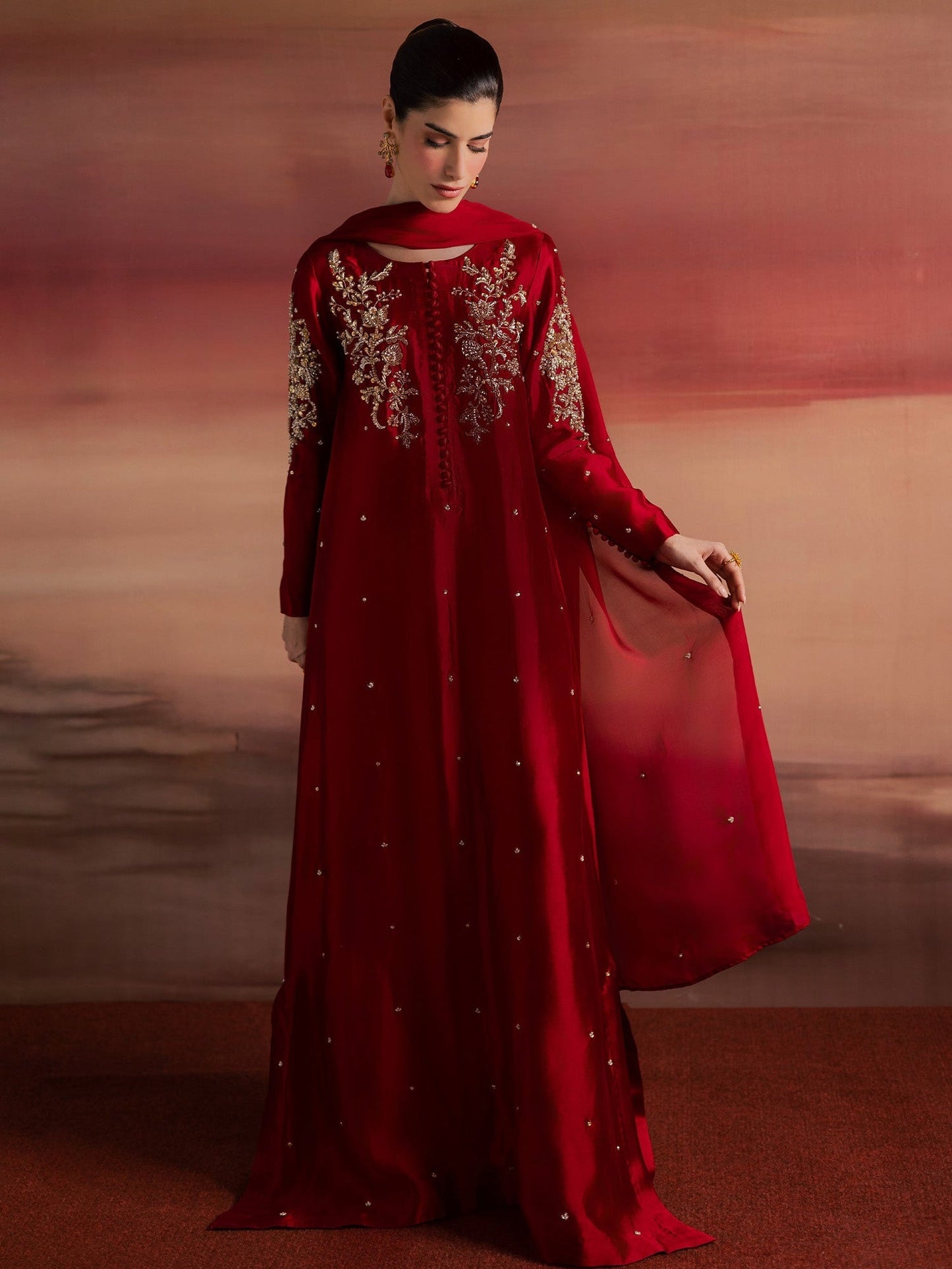 Red Allure By IH Full Circle Tussel Silk Embroidered Kaftan Set-Endless