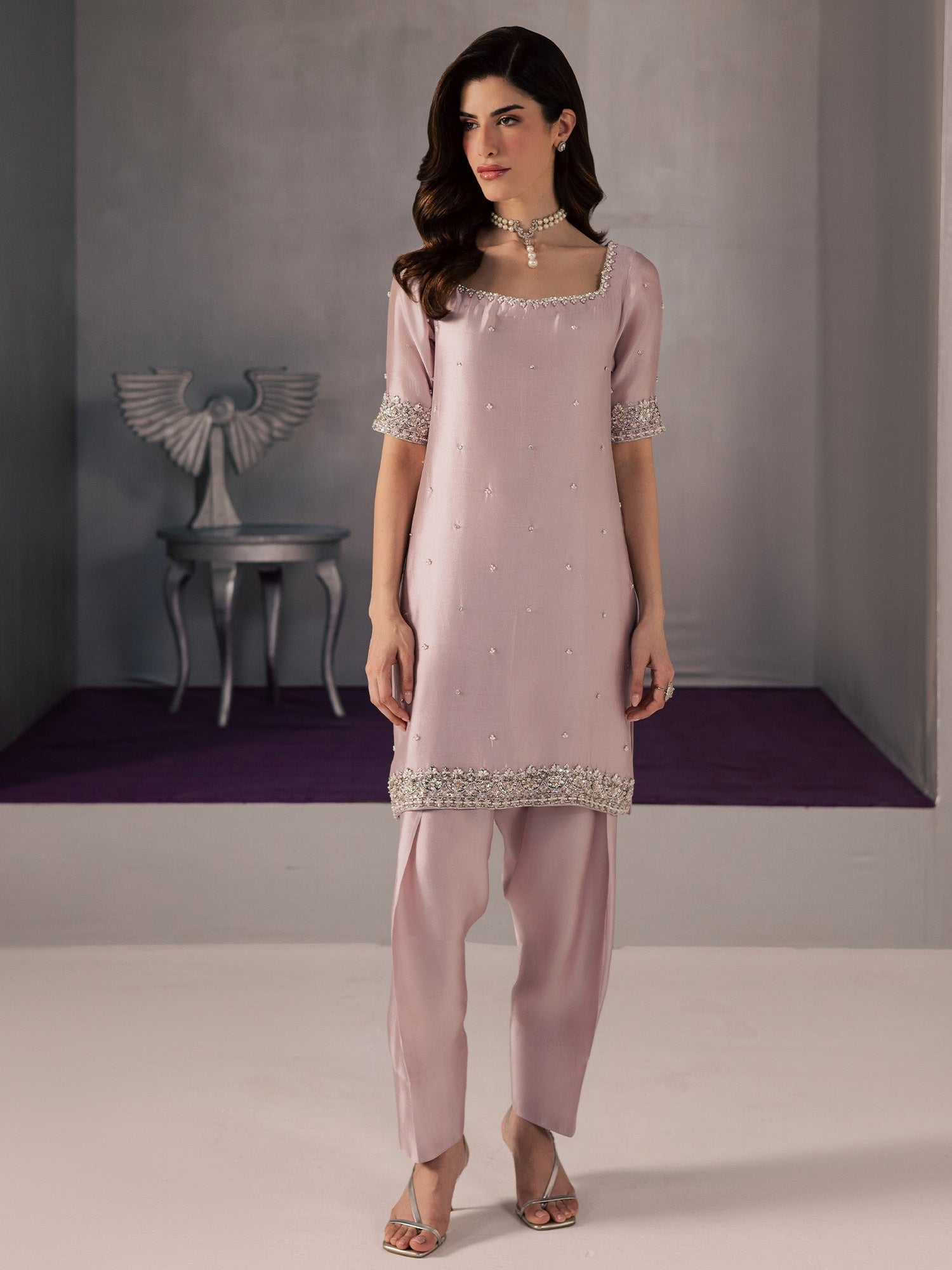 Pink Allure By IH Full Circle Tussel Silk Embellished Stitched 3-Piece Suit-Curve