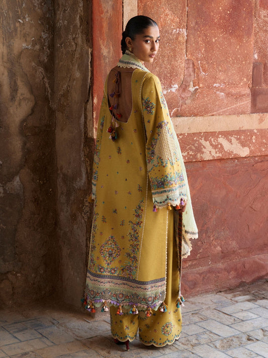 Yellow Hussain Rehar Zan SS'26 Lawn Embroidered Unstitched 3-Piece Suit-Sari