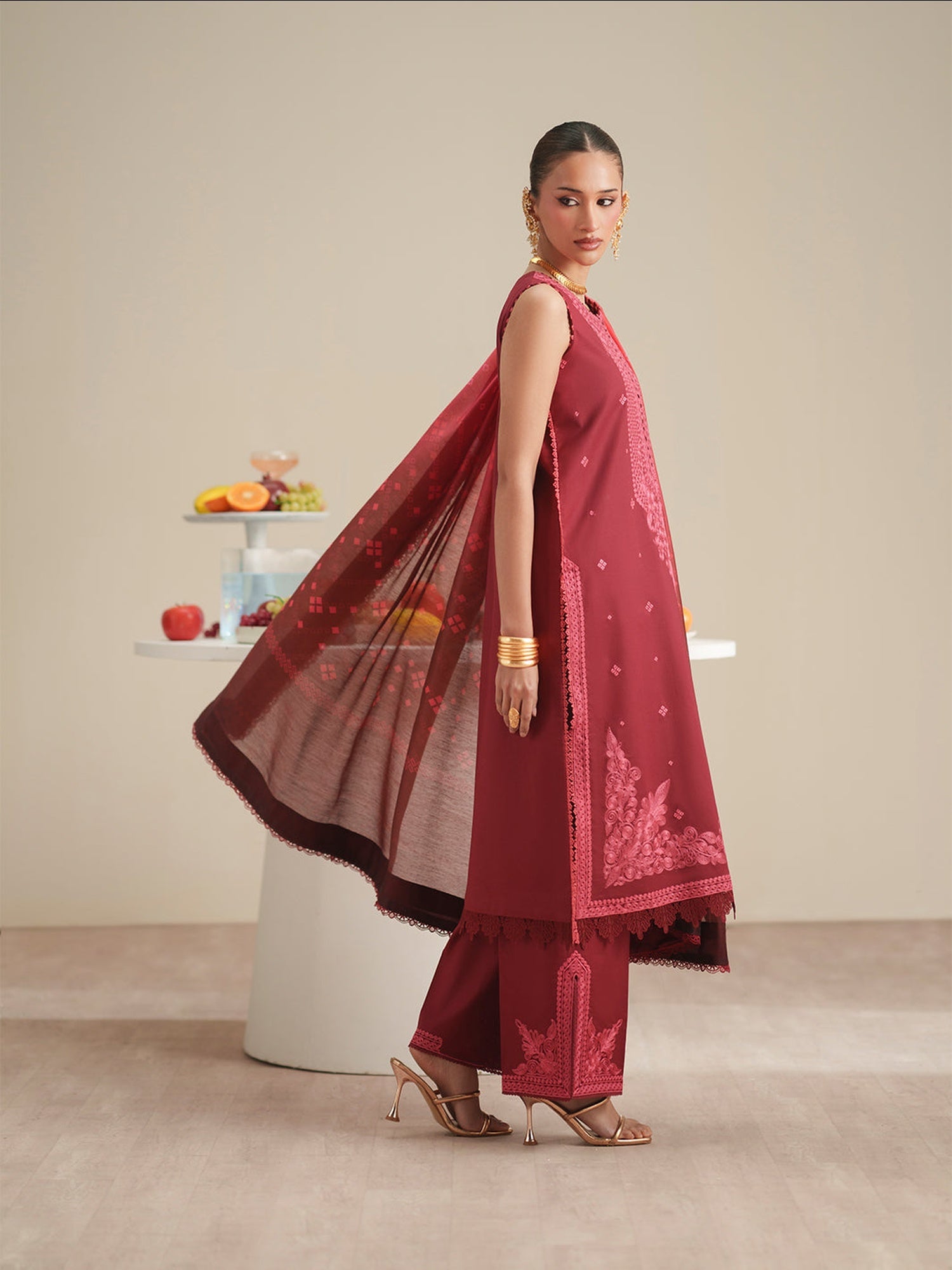Maroon Binilyas Jojo Summer'26 Lawn Embroidered Unstitched 3-Piece Suit-763