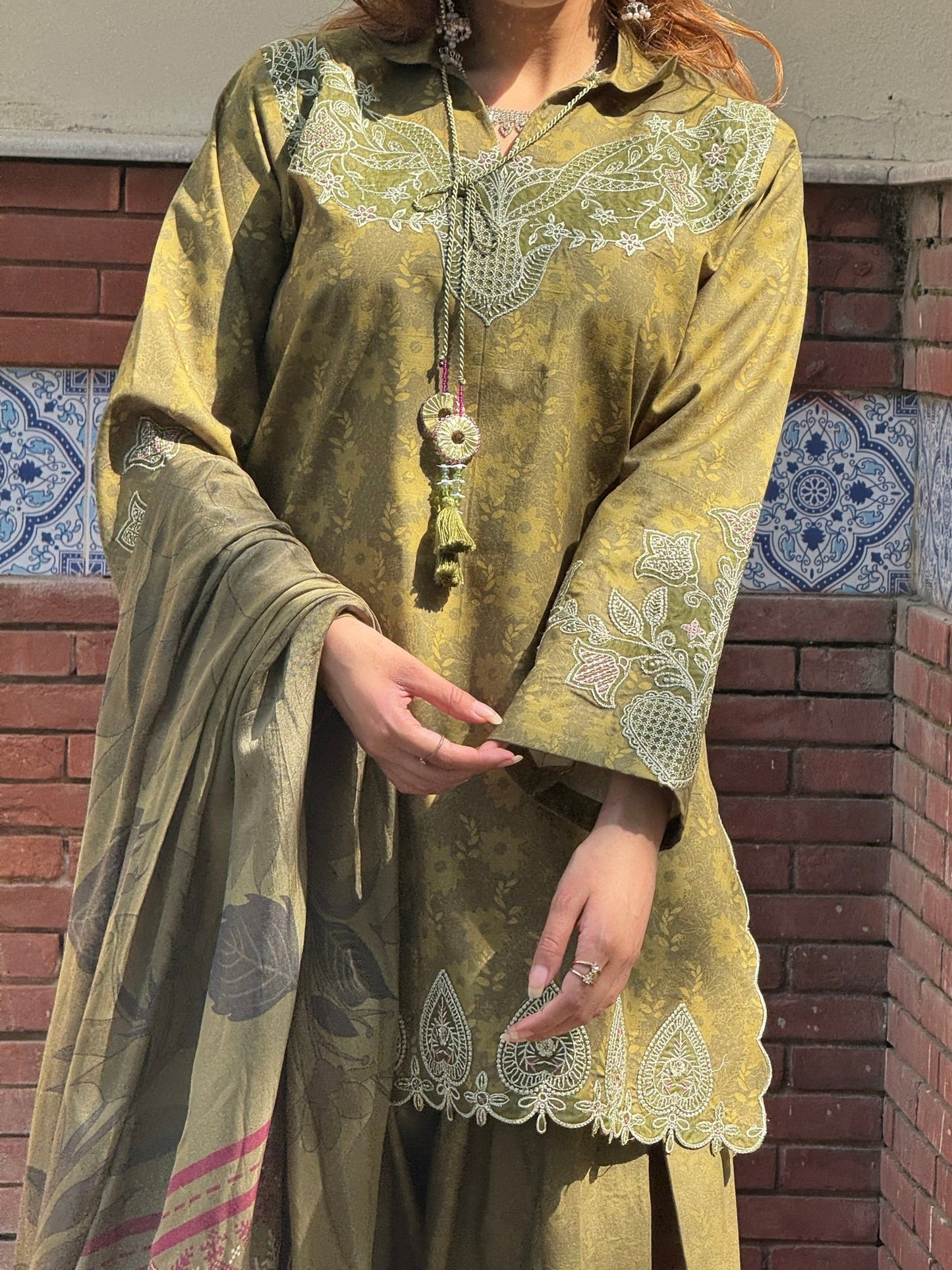 Olive Sehrish Kanwal Festive Print'26 Lawn Embroidered Stitched 3-Piece Suit-Ayla