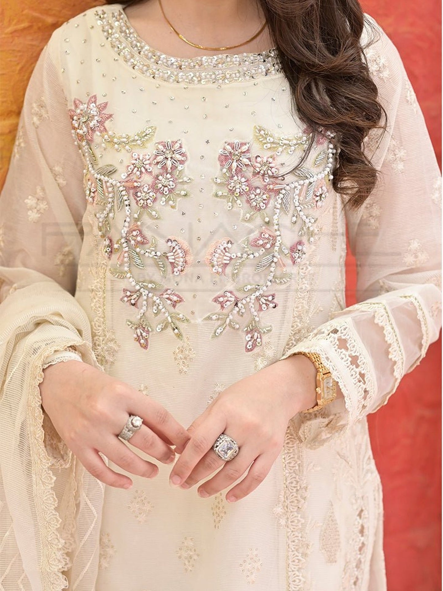 Ivory Manahil Arts Khaddi Net Embroidered Stitched 3-Piece Suit-Ivory Whisper