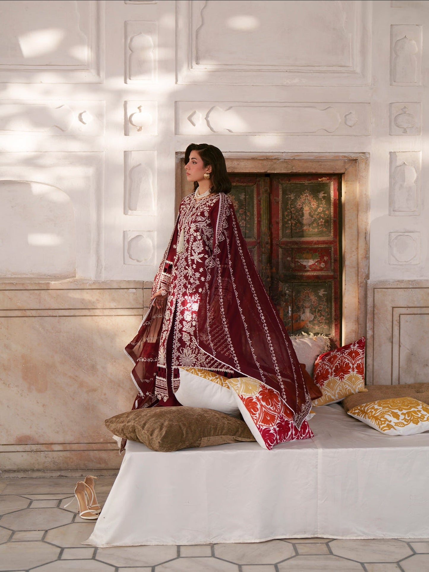 Maroon Mahnur Nilofer Luxury Lawn'26 Embroidered Unstitched 3-Piece Suit-NL-08