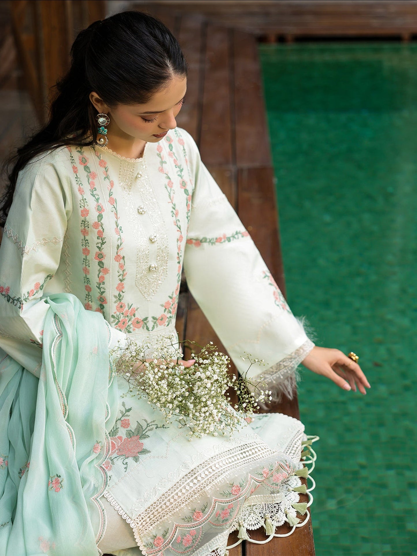 Mint Green-Mahnur Shanaya Lawn Vol 2 Embroidered Stitched 3-Piece Suit-SH-09