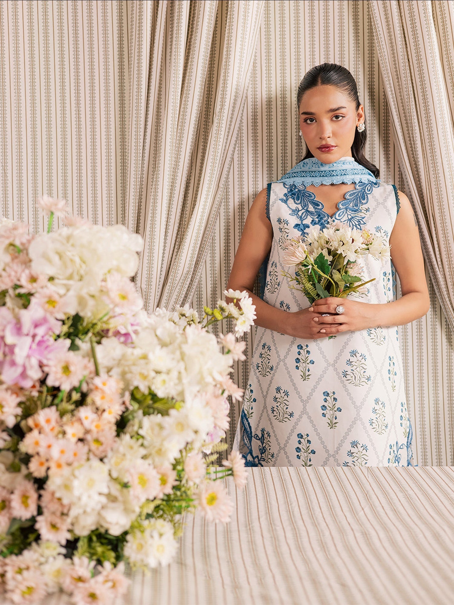 White and Blue Mahnur Afsana Lawn'26 Embroidered Unstitched 3-Piece Suit-AL-10