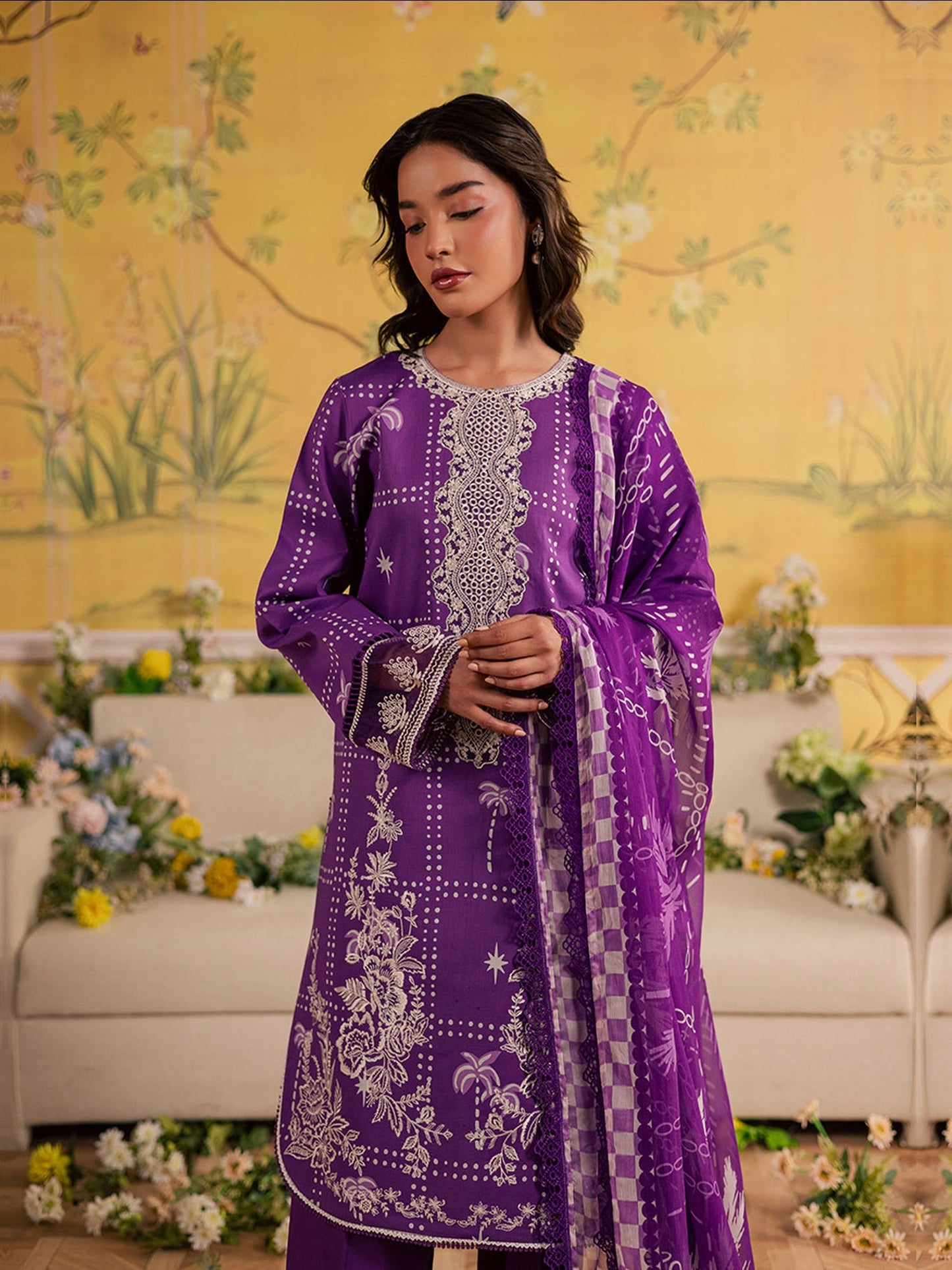 Purple Mahnur Jahaan Lawn'26 Embroidered Unstitched 3-Piece Suit-MJ-03
