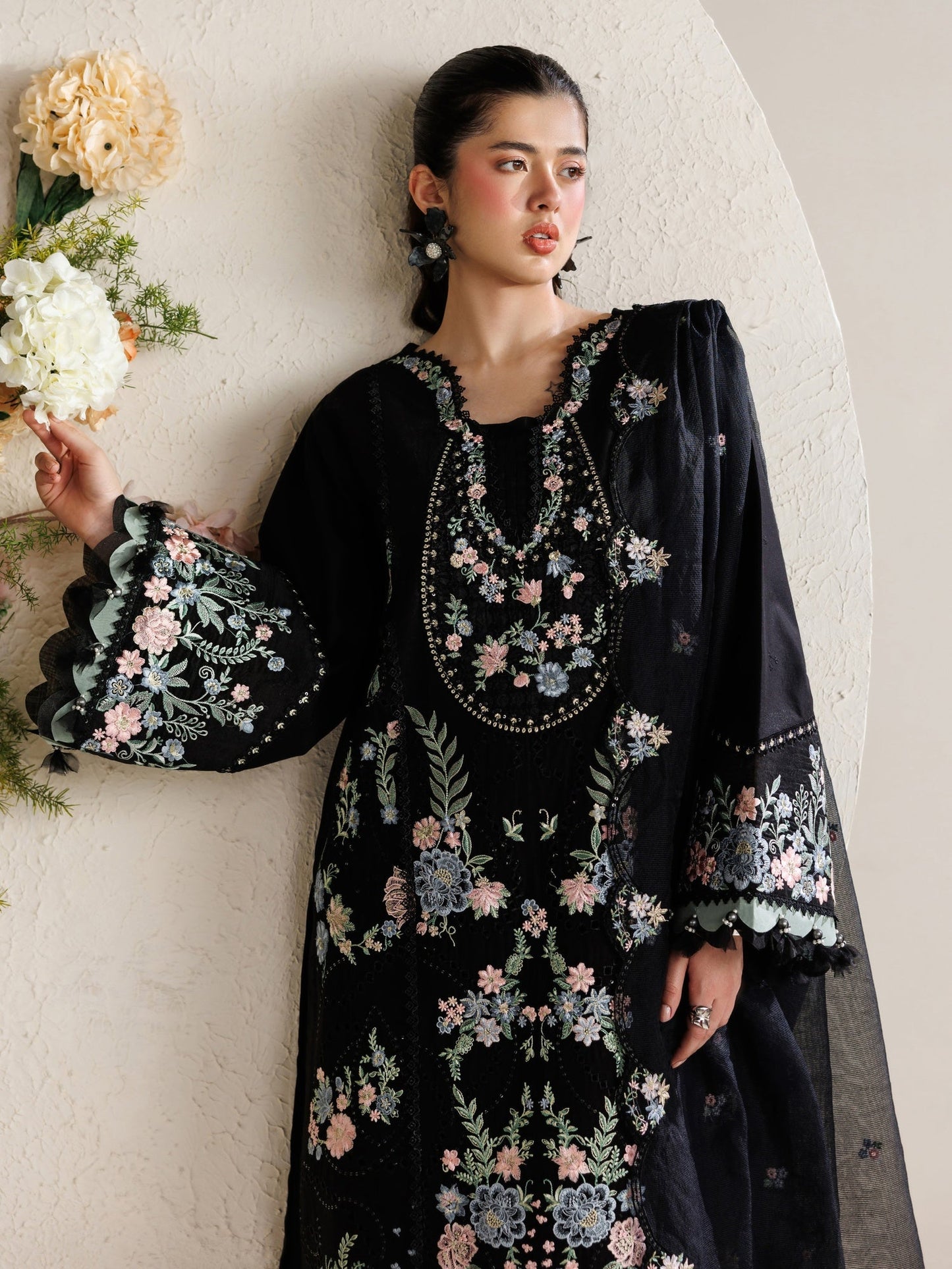Black Parishay Marbella Summer Lawn‘26 Embroidered Unstitched 3-Piece Suit-MB-05