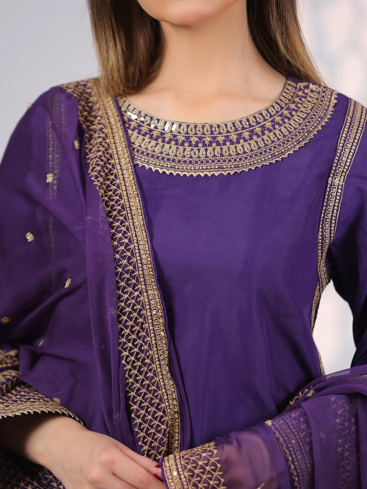 Purple MAK Fashion Noor Luxe Raw Silk Embroidered Stitched 3-Piece Suit-Zarkaash