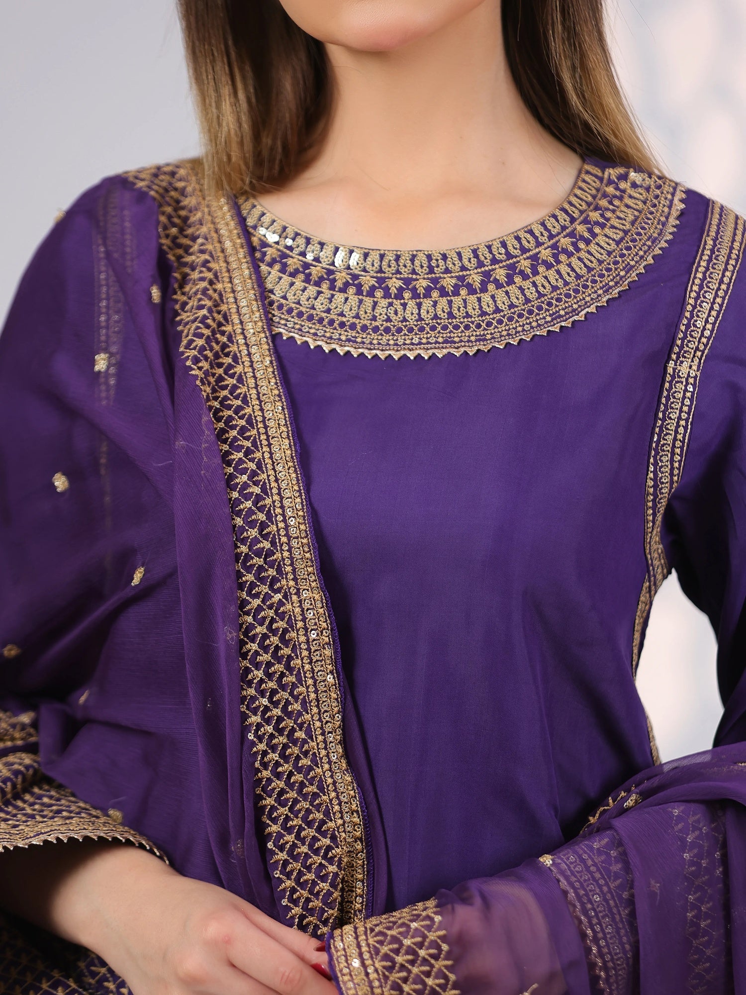 Purple MAK Fashion Noor Luxe Raw Silk Embroidered Stitched 3-Piece Suit-Zarkaash