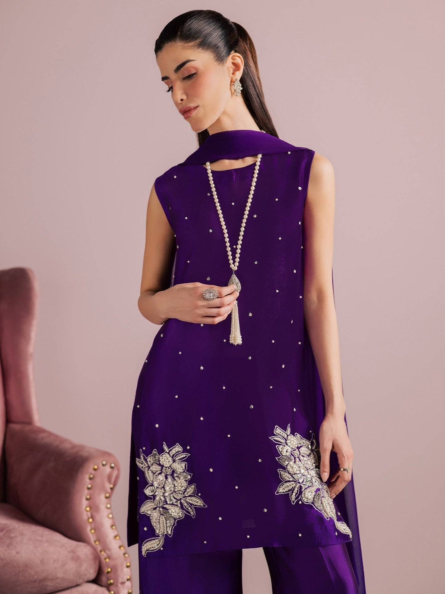 Purple Allure By IH Full Circle Tussel Silk Embellished Stitched 3-Piece Suit-Luxe