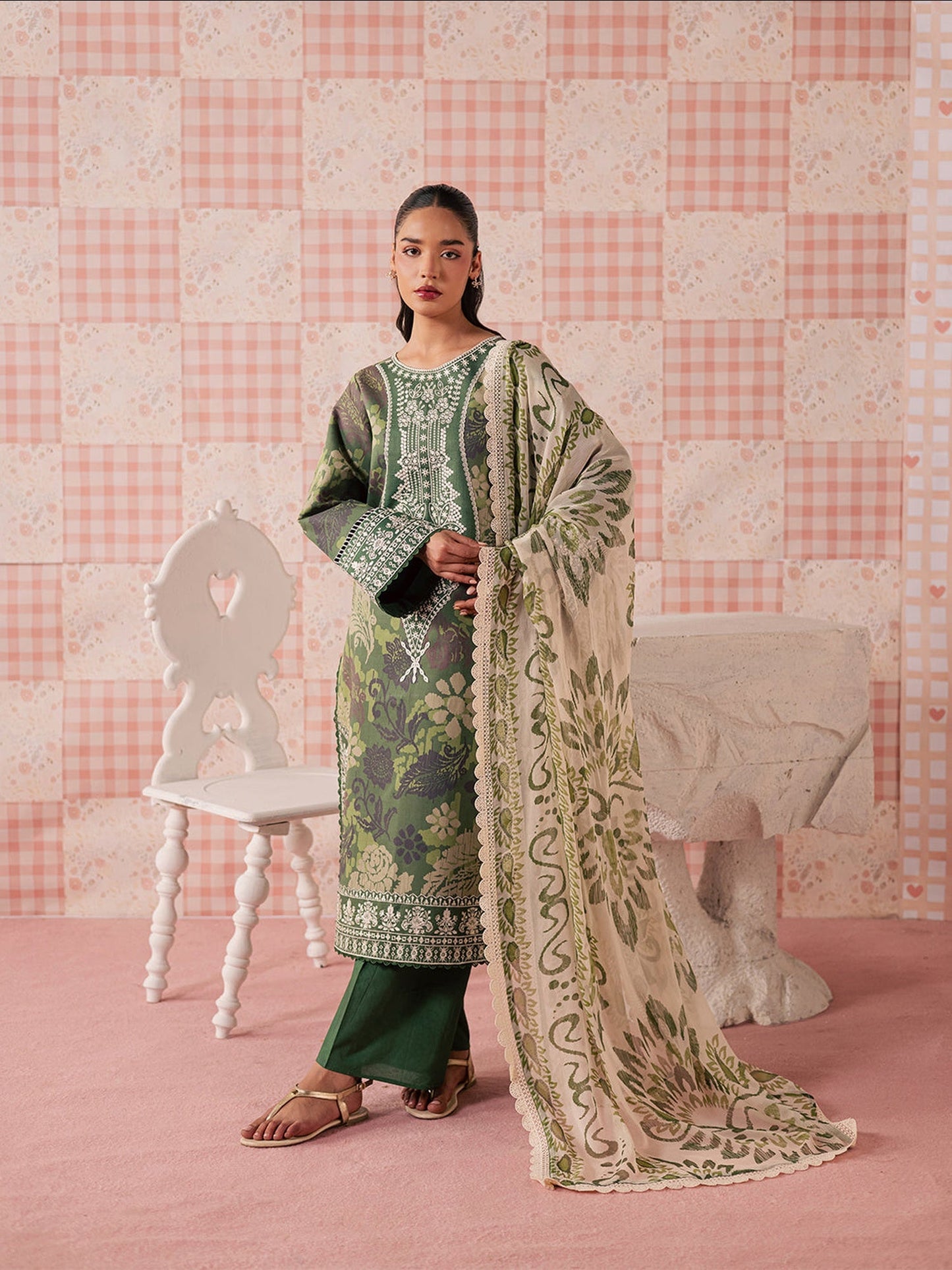 Green Mahnur Jahaan Lawn'26 Embroidered Stitched 3-Piece Suit-MJ-06