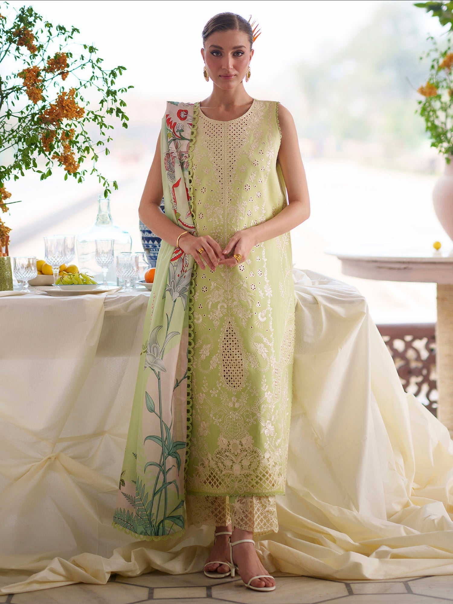 Mint Green Mahnur Nilofer Luxury Lawn'26 Embroidered Unstitched 3-Piece Suit-NL-06