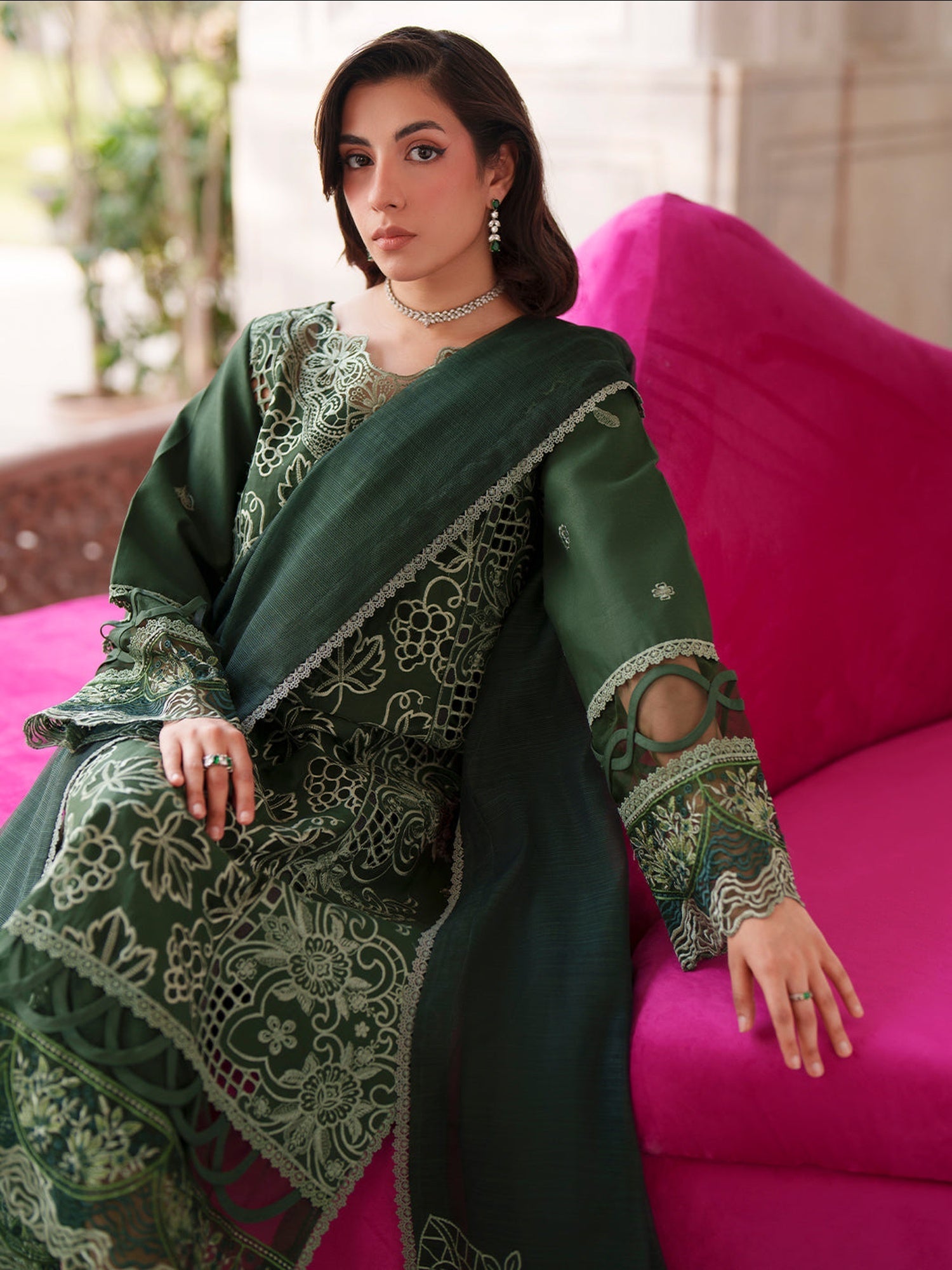 Green Mahnur Nilofer Luxury Lawn'26 Embroidered Unstitched 3-Piece Suit-NL-09