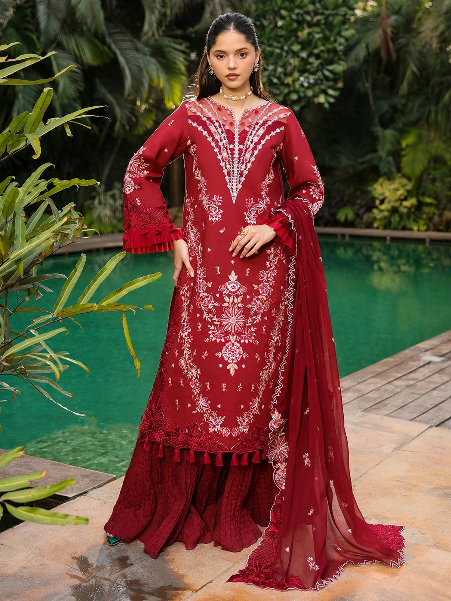 Red-Mahnur Shanaya Lawn Vol 2 Embroidered Stitched 3-Piece Suit-SH-05