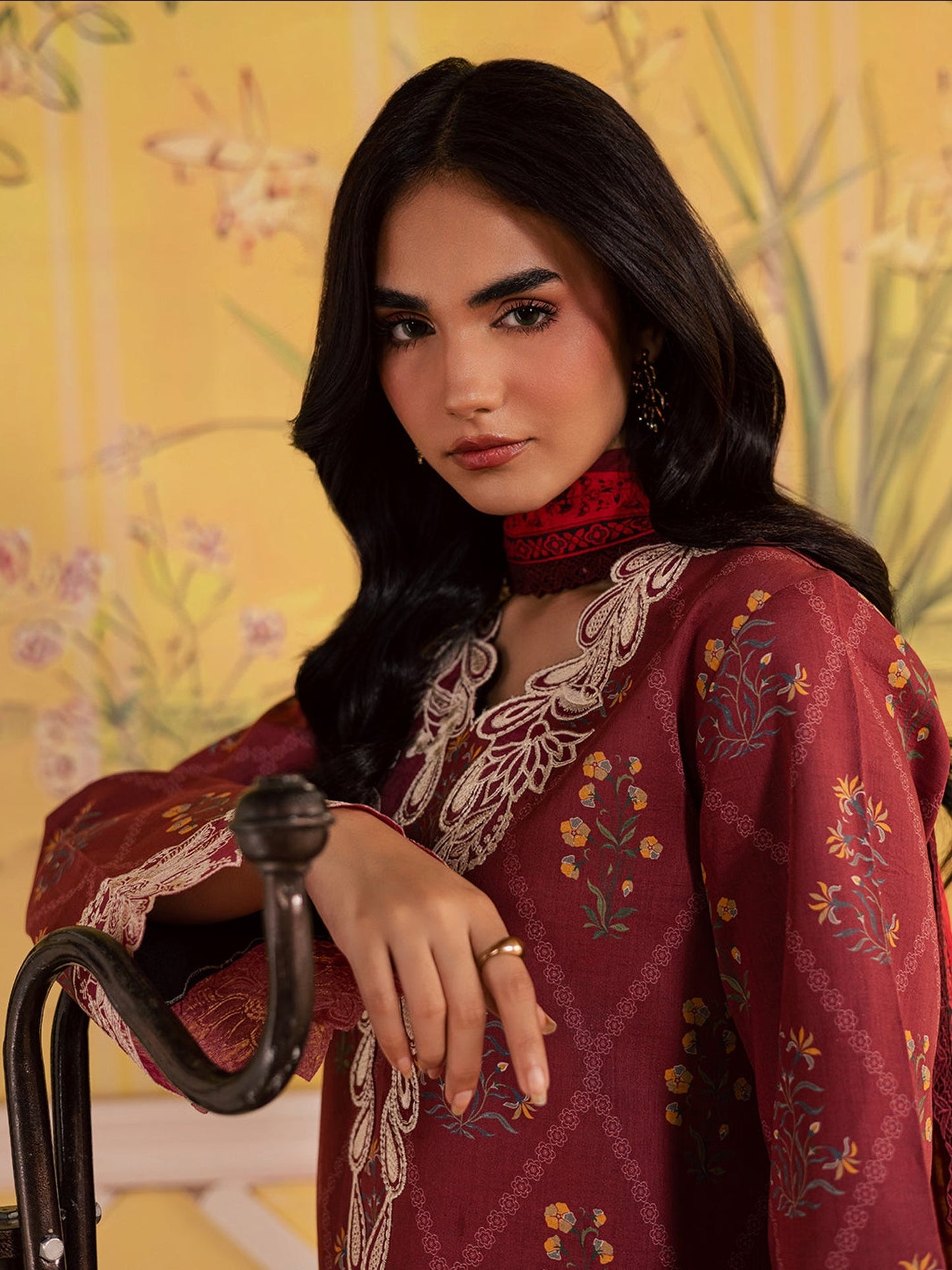Maroon Mahnur Afsana Lawn'26 Embroidered Stitched 3-Piece Suit-AL-09