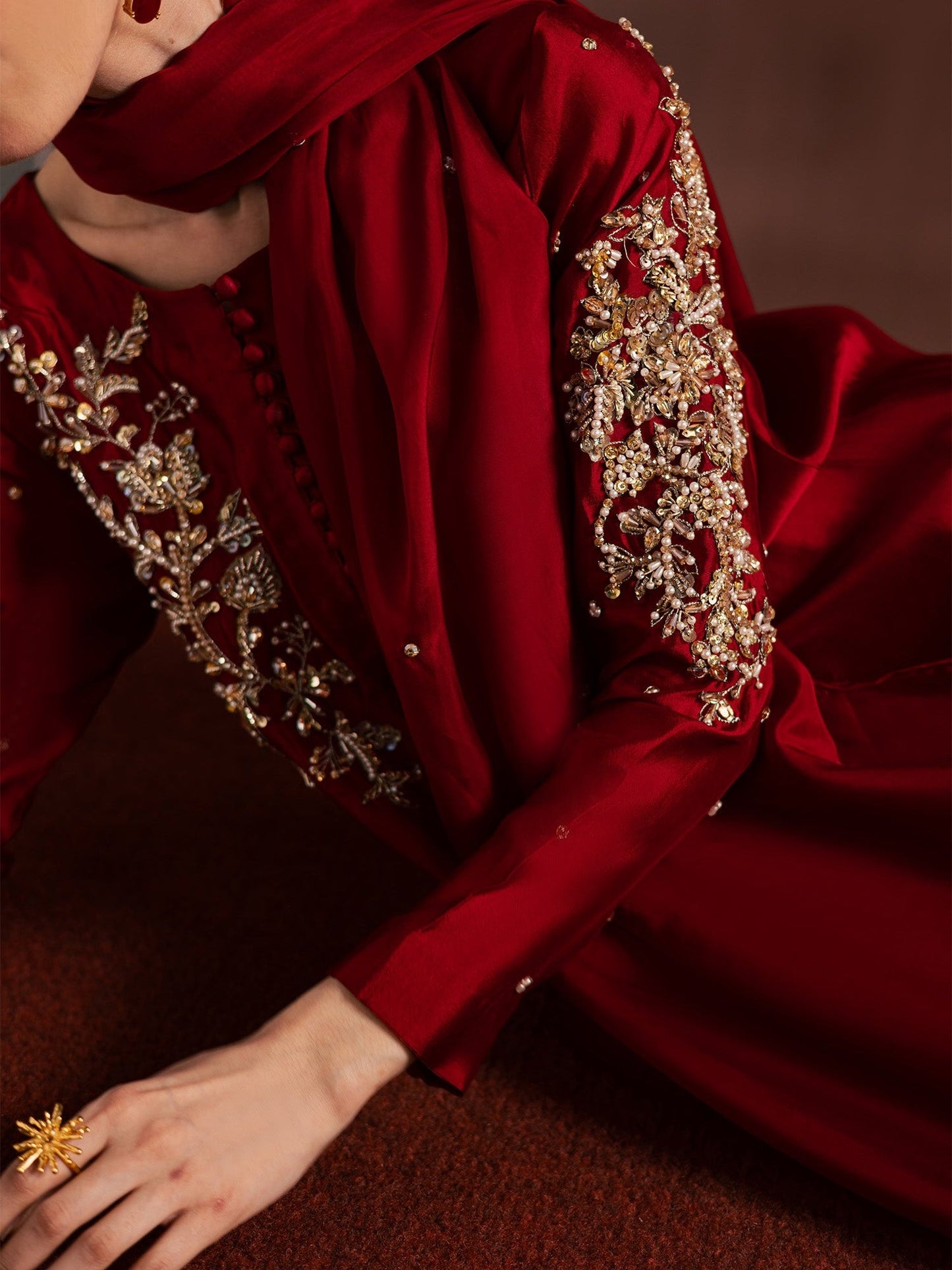 Red Allure By IH Full Circle Tussel Silk Embroidered Kaftan Set-Endless