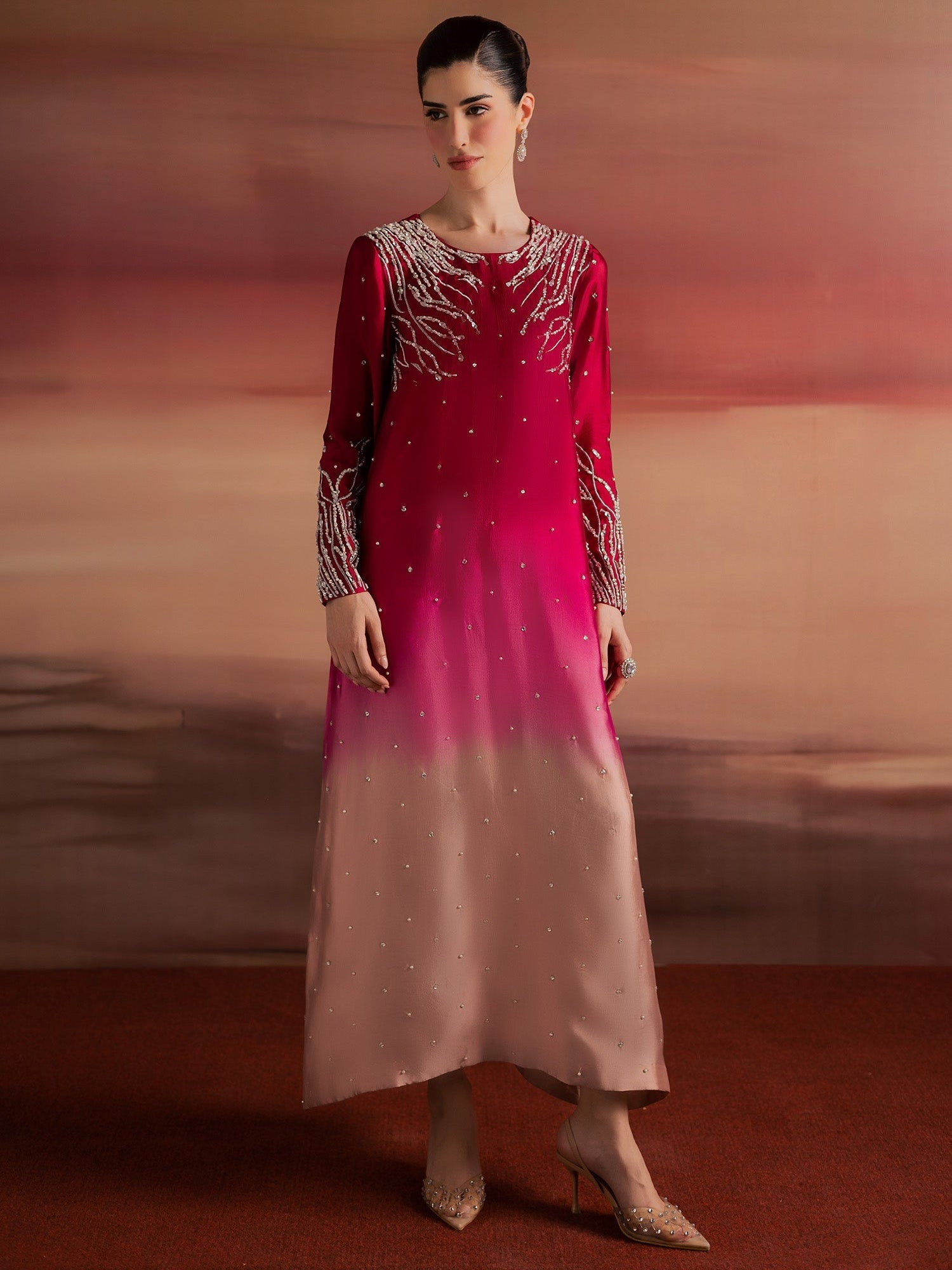 Pink Peach Allure By IH Full Circle Tussel Silk Embellished Stitched 3-Piece Suit-Balance