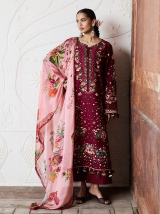 Maroon Hussain Rehar Zan SS'26 Lawn Embroidered Unstitched 3 Piece Suit Kestane