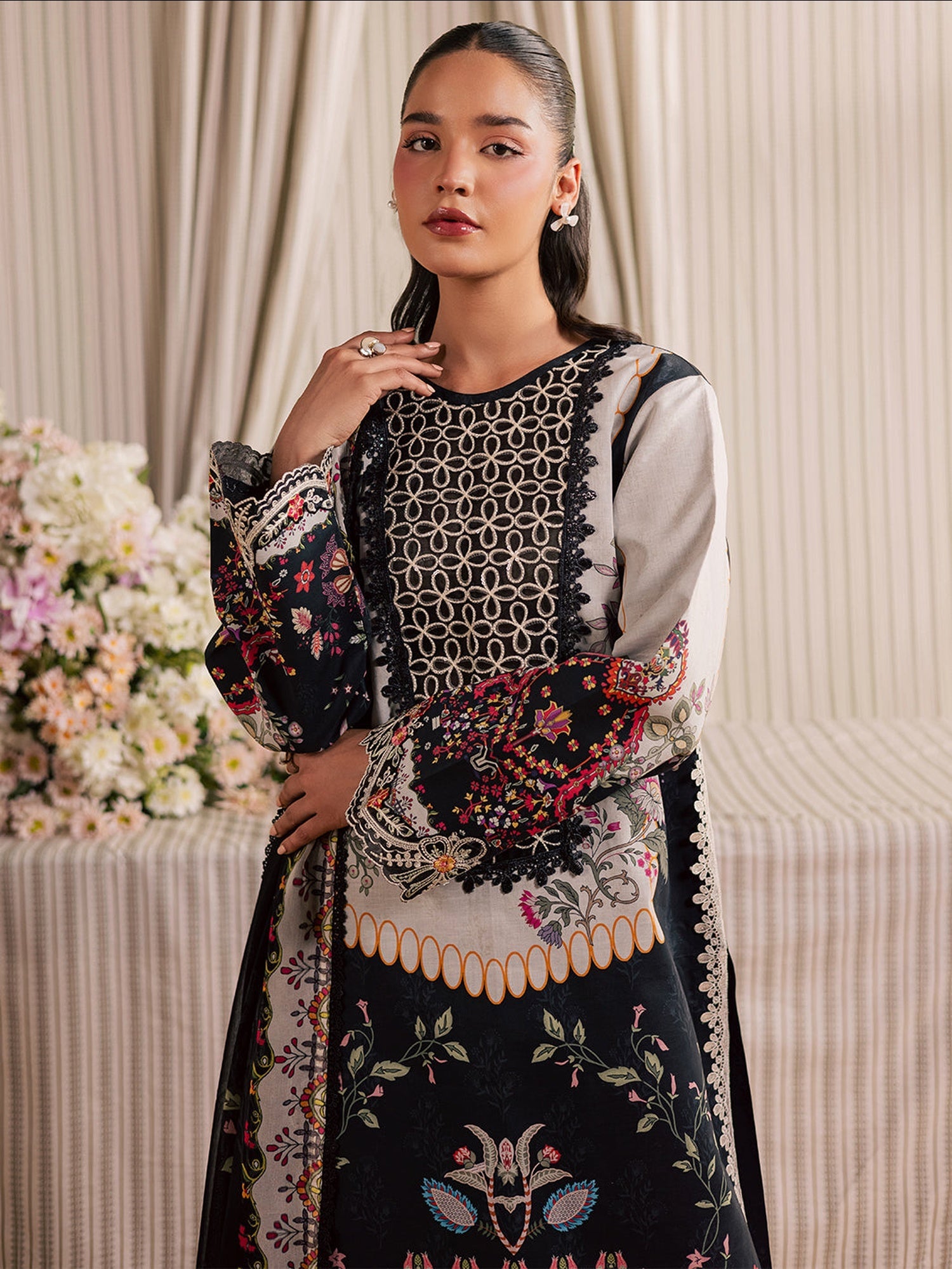 Black Mahnur Jahaan Lawn'26 Embroidered Stitched 3-Piece Suit-MJ-01