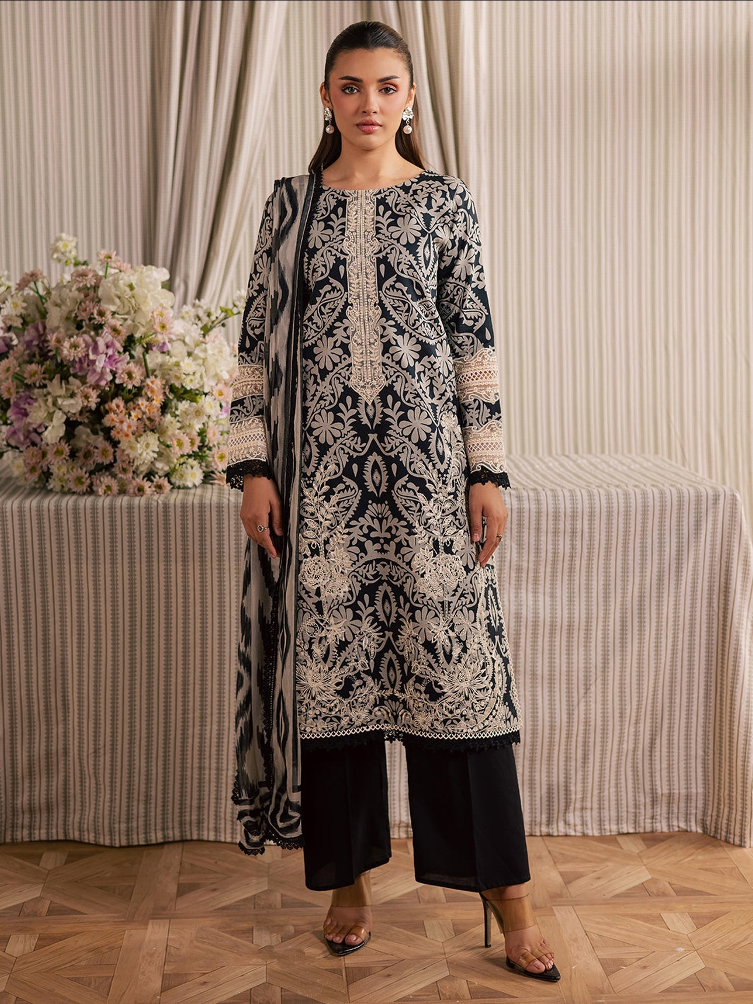 Black and Ivory Mahnur Jahaan Lawn'26 Embroidered Unstitched 3-Piece Suit-MJ-09