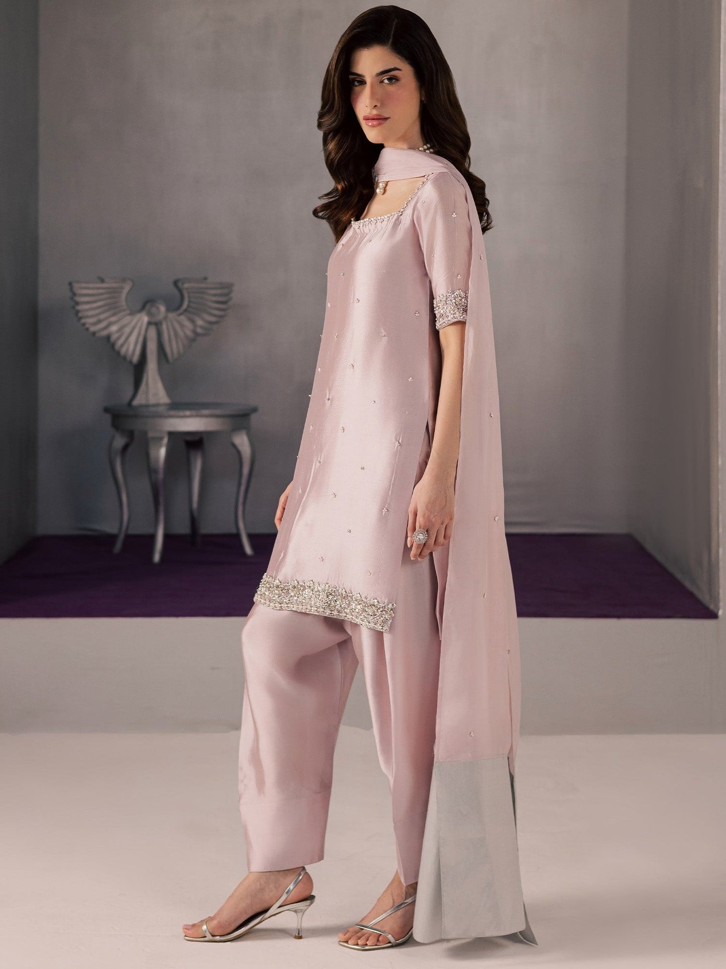 Pink Allure By IH Full Circle Tussel Silk Embellished Stitched 3-Piece Suit-Curve