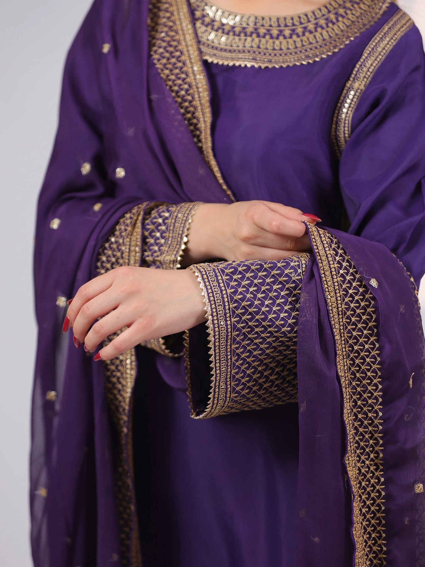 Purple MAK Fashion Noor Luxe Raw Silk Embroidered Stitched 3-Piece Suit-Zarkaash