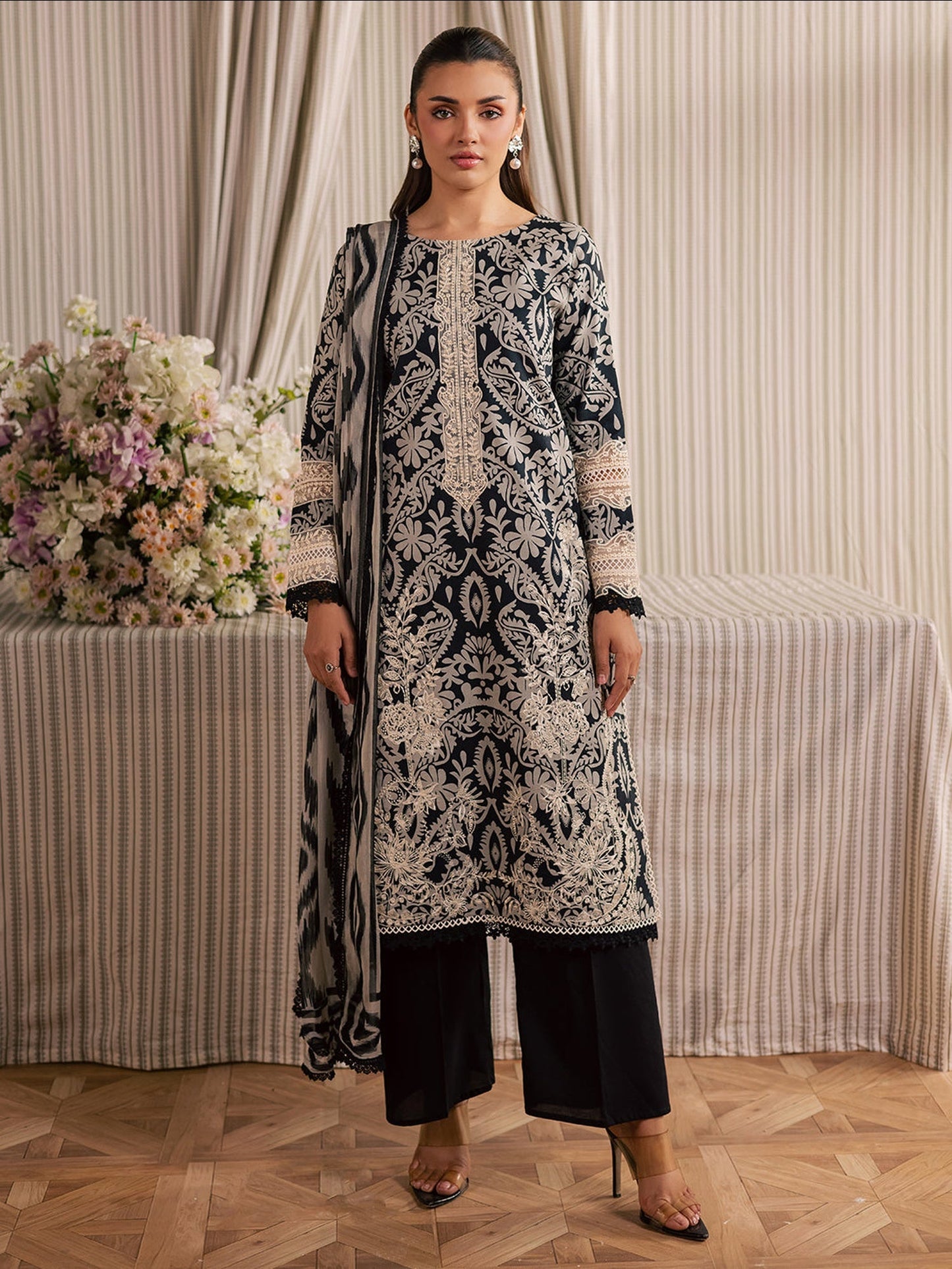 Black Mahnur Jahaan Lawn'26 Embroidered Stitched 3-Piece Suit-MJ-09