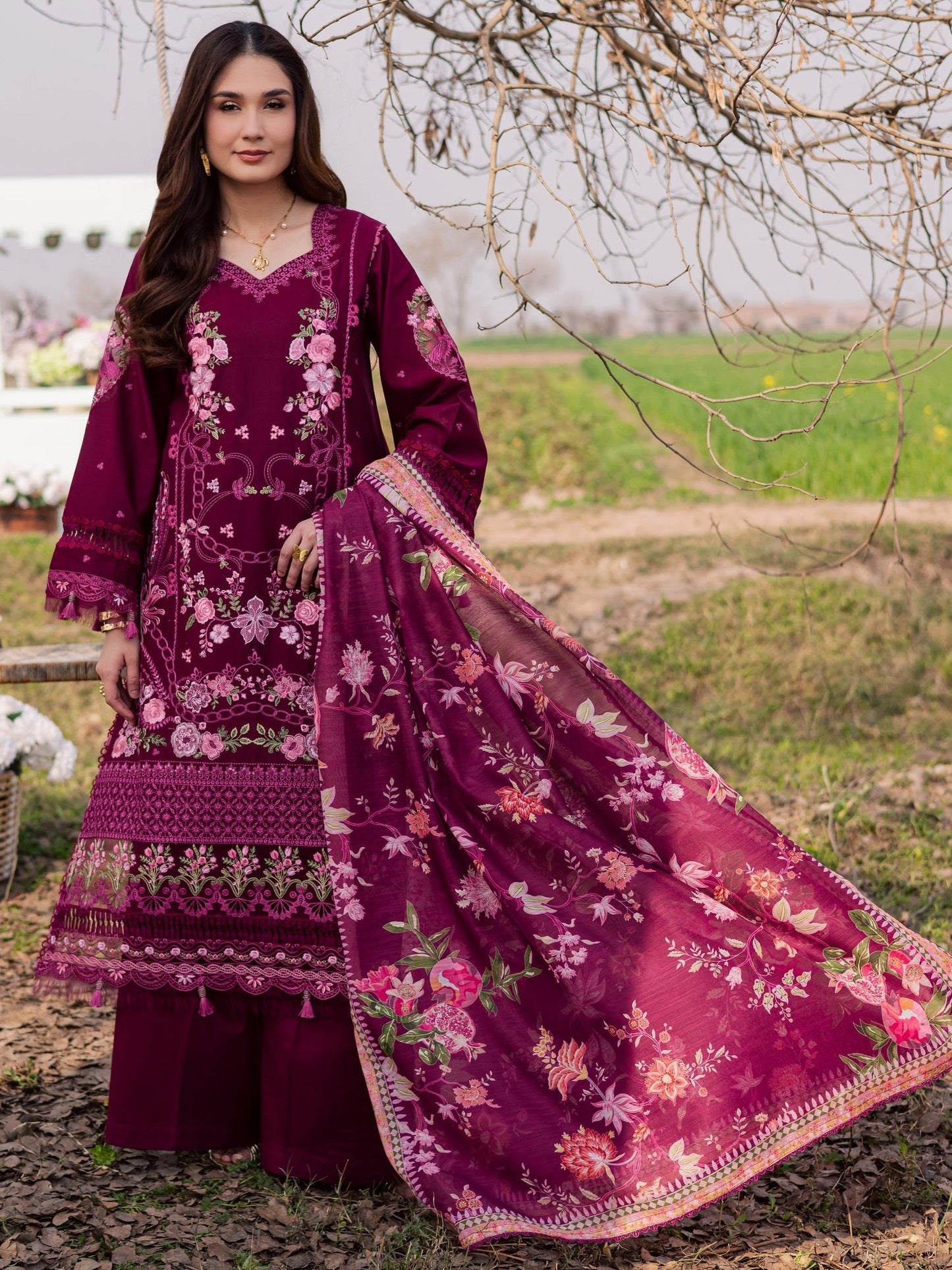 Magenta Parishay Dil e Raqsam Lawn'26 Embroidered Unstitched 3-Piece Suit-DR-07