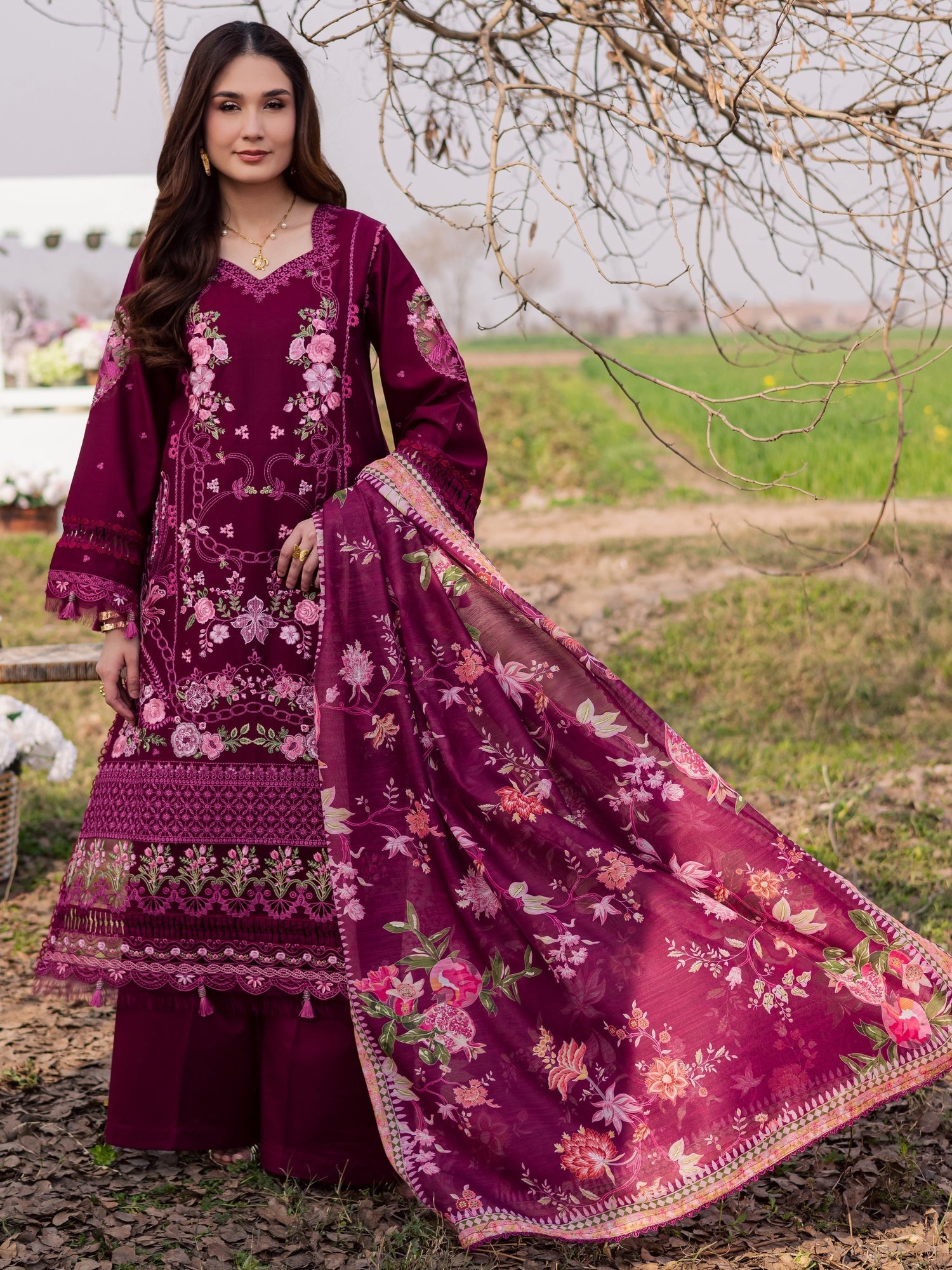 Magenta Parishay Dil e Raqsam Lawn'26 Embroidered Unstitched 3-Piece Suit-DR-07