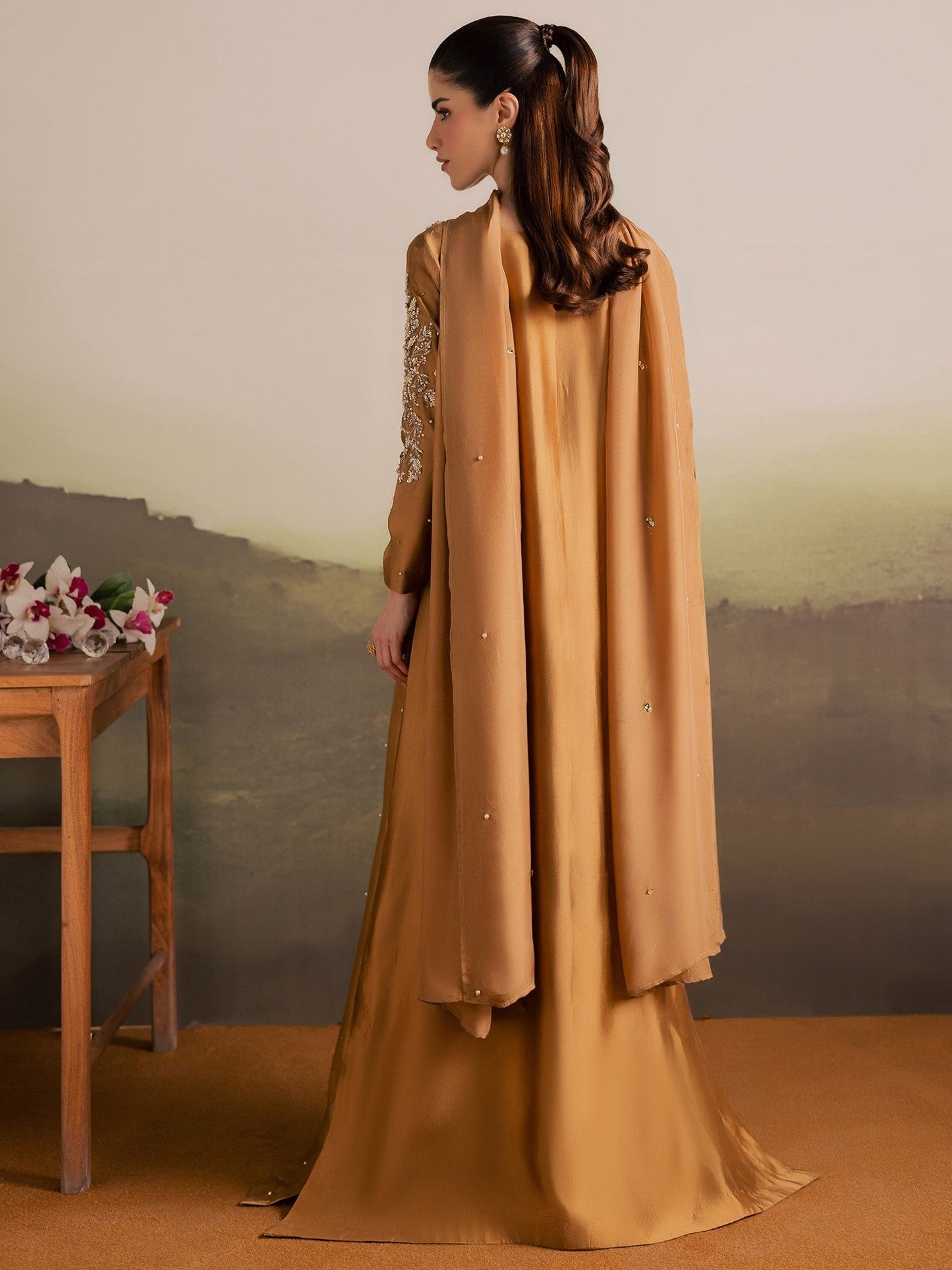 Brown Allure By IH Full Circle Tussel Silk Embroidered Kaftan Set-Gentle