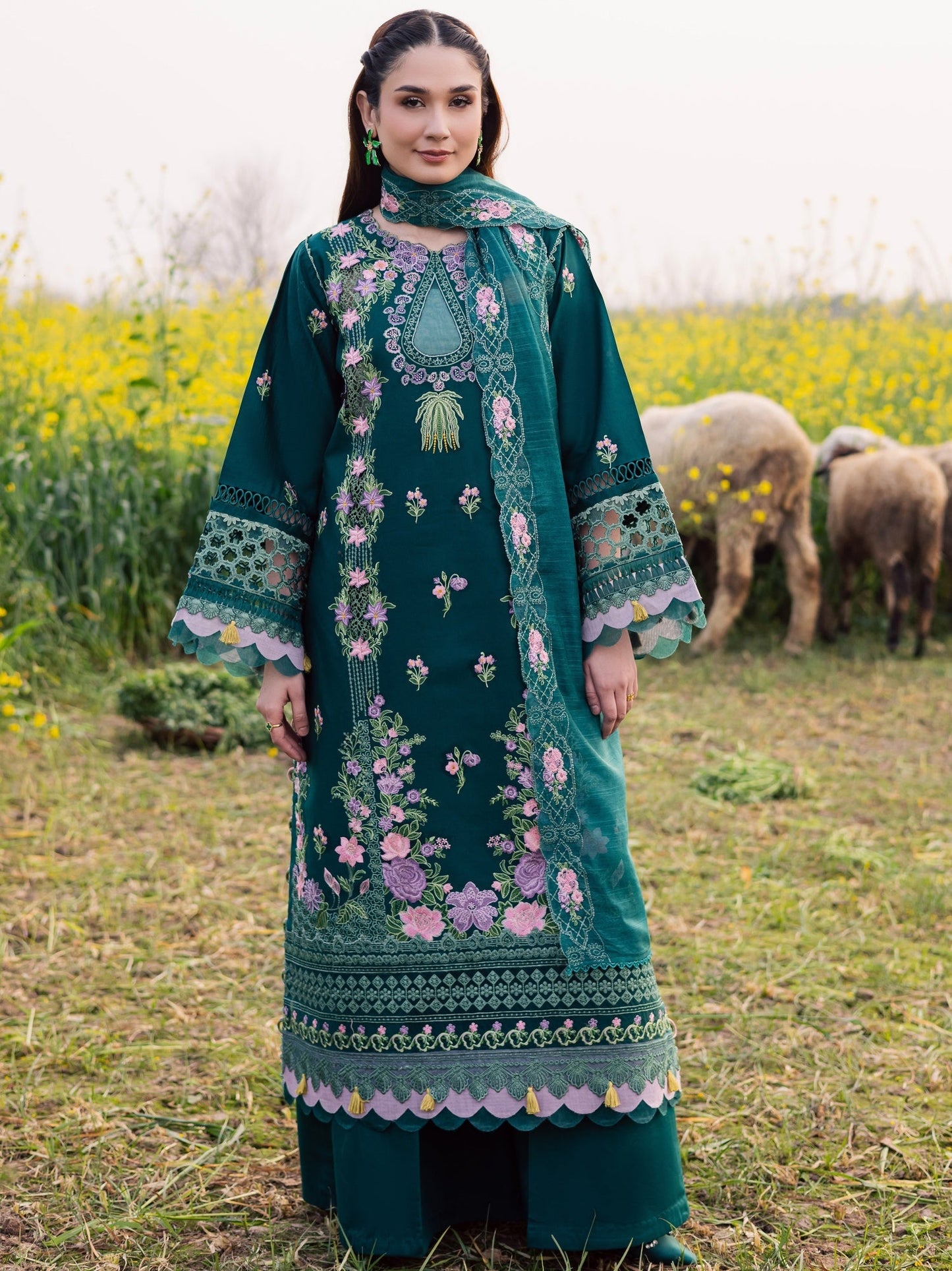 Bottle Green Parishay Dil e Raqsam Lawn'26 Embroidered Unstitched 3-Piece Suit-DQ-11
