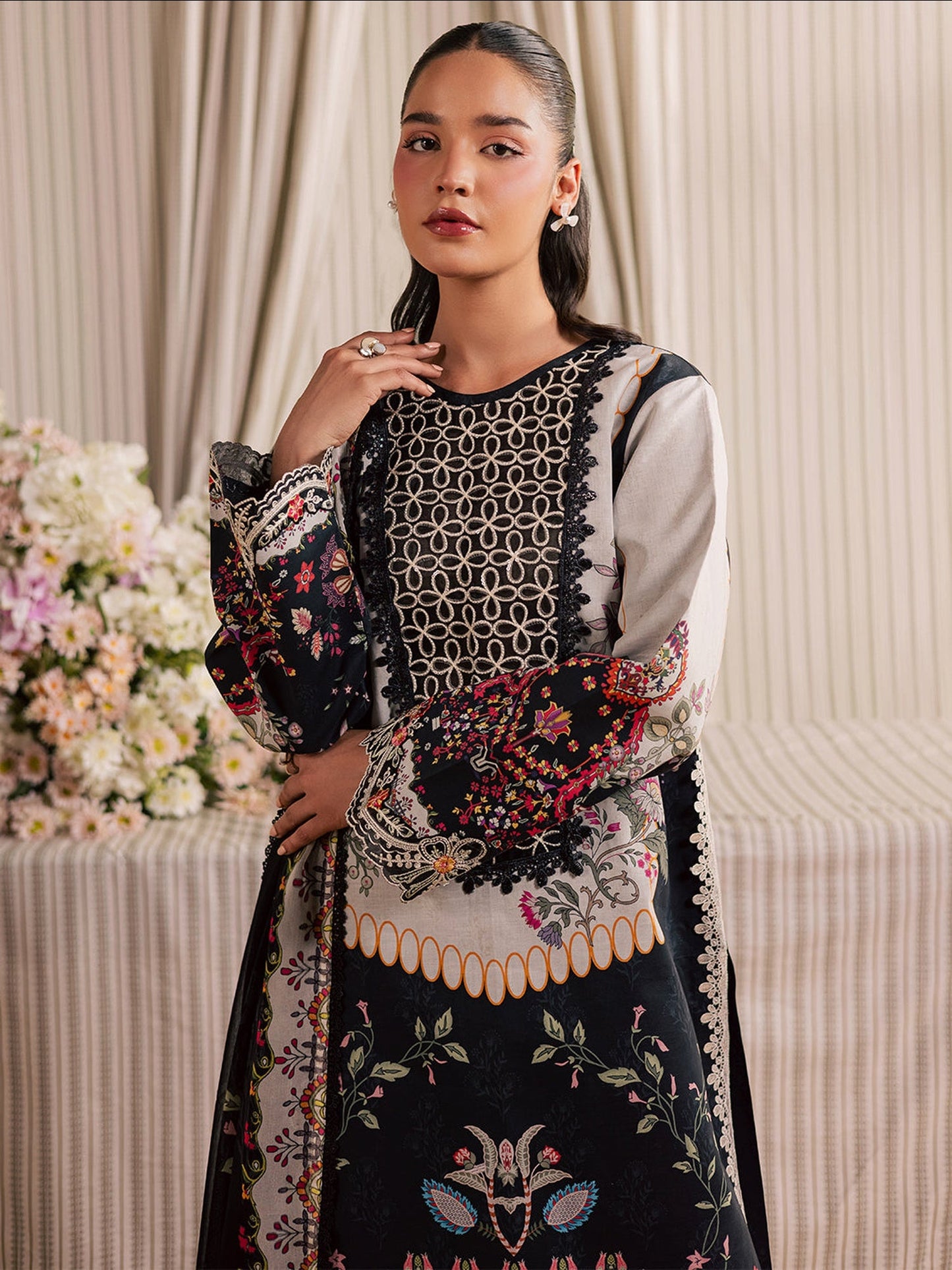 Black and Ivory Mahnur Jahaan Lawn'26 Embroidered Unstitched 3-Piece Suit-MJ-01
