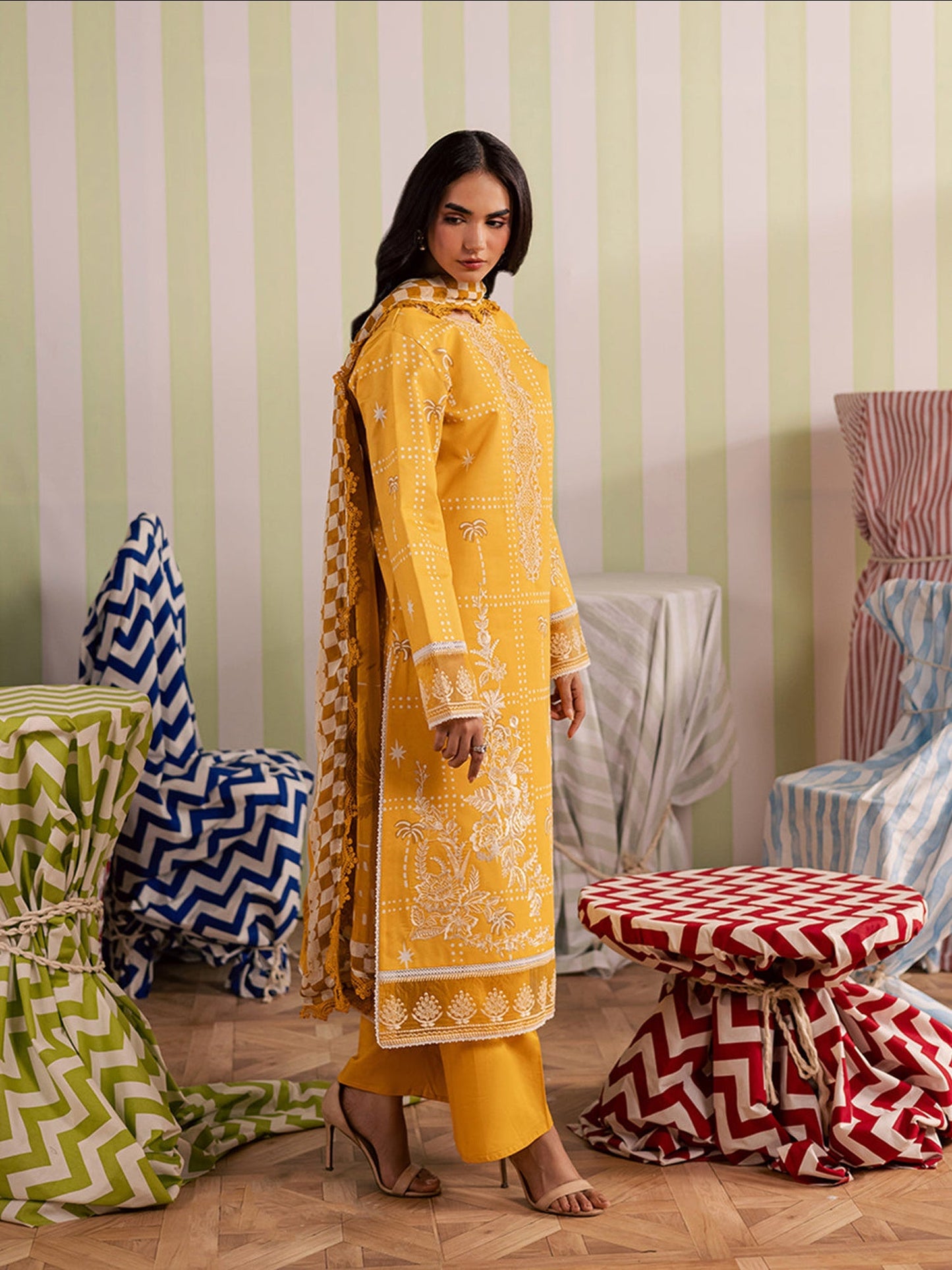 Yellow Mahnur Jahaan Lawn'26 Embroidered Stitched 3-Piece Suit-MJ-03