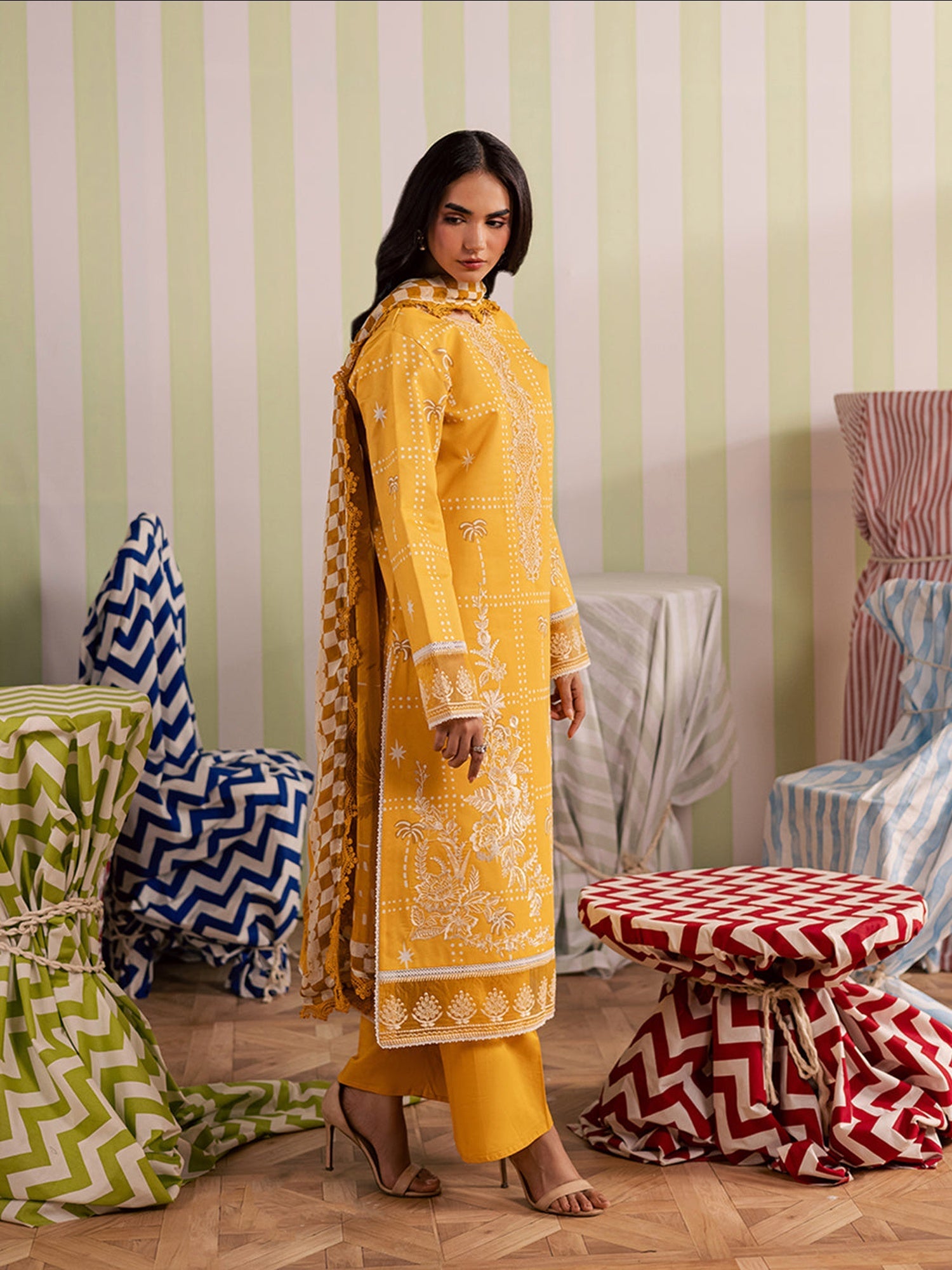 Yellow Mahnur Jahaan Lawn'26 Embroidered Stitched 3-Piece Suit-MJ-03