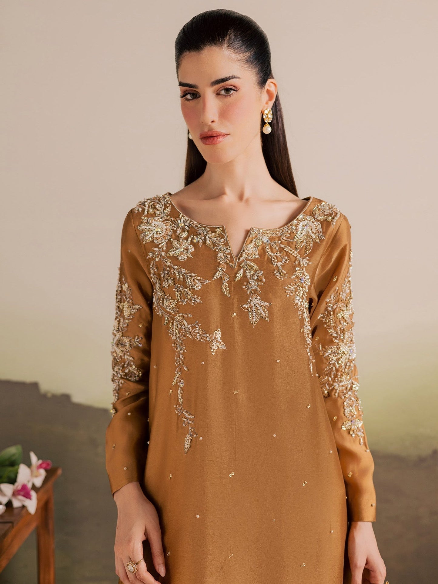 Brown Allure By IH Full Circle Tussel Silk Embroidered Kaftan Set-Gentle