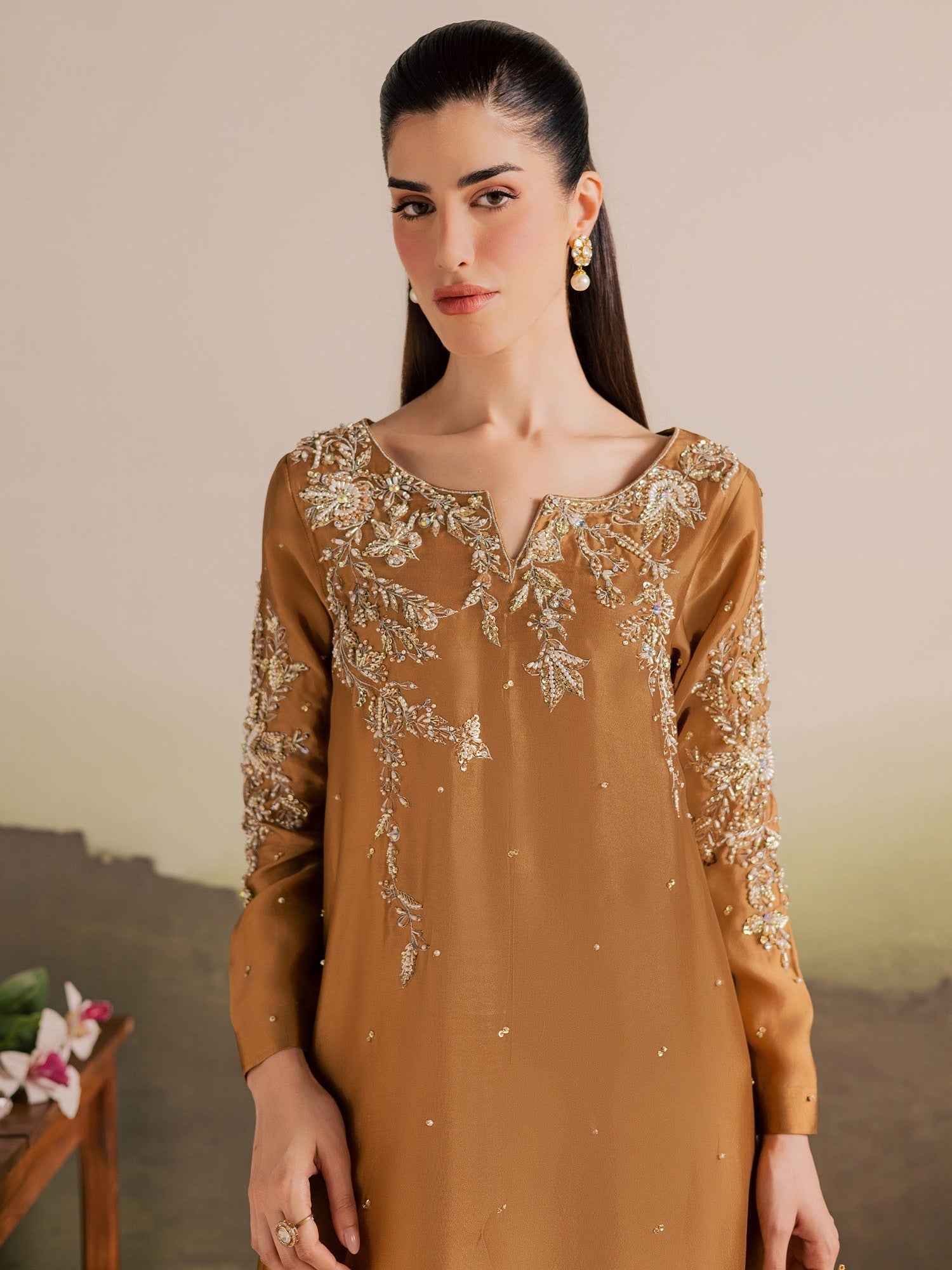Brown Allure By IH Full Circle Tussel Silk Embroidered Kaftan Set-Gentle